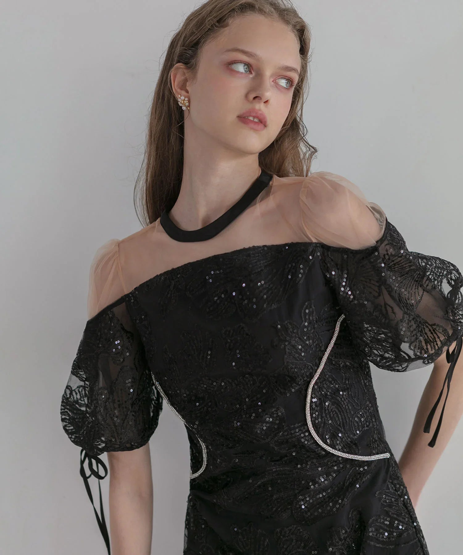 【SOLD OUT】スパンコールウエストデザインIラインワンピースドレス