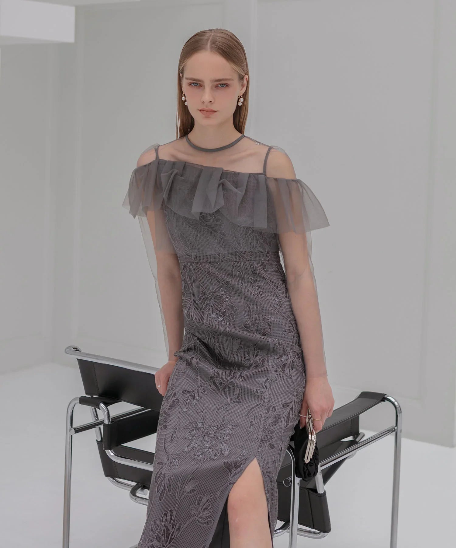 【当日発送】2WAYアシンメトリーフリルチュールフラワーIラインワンピースドレス