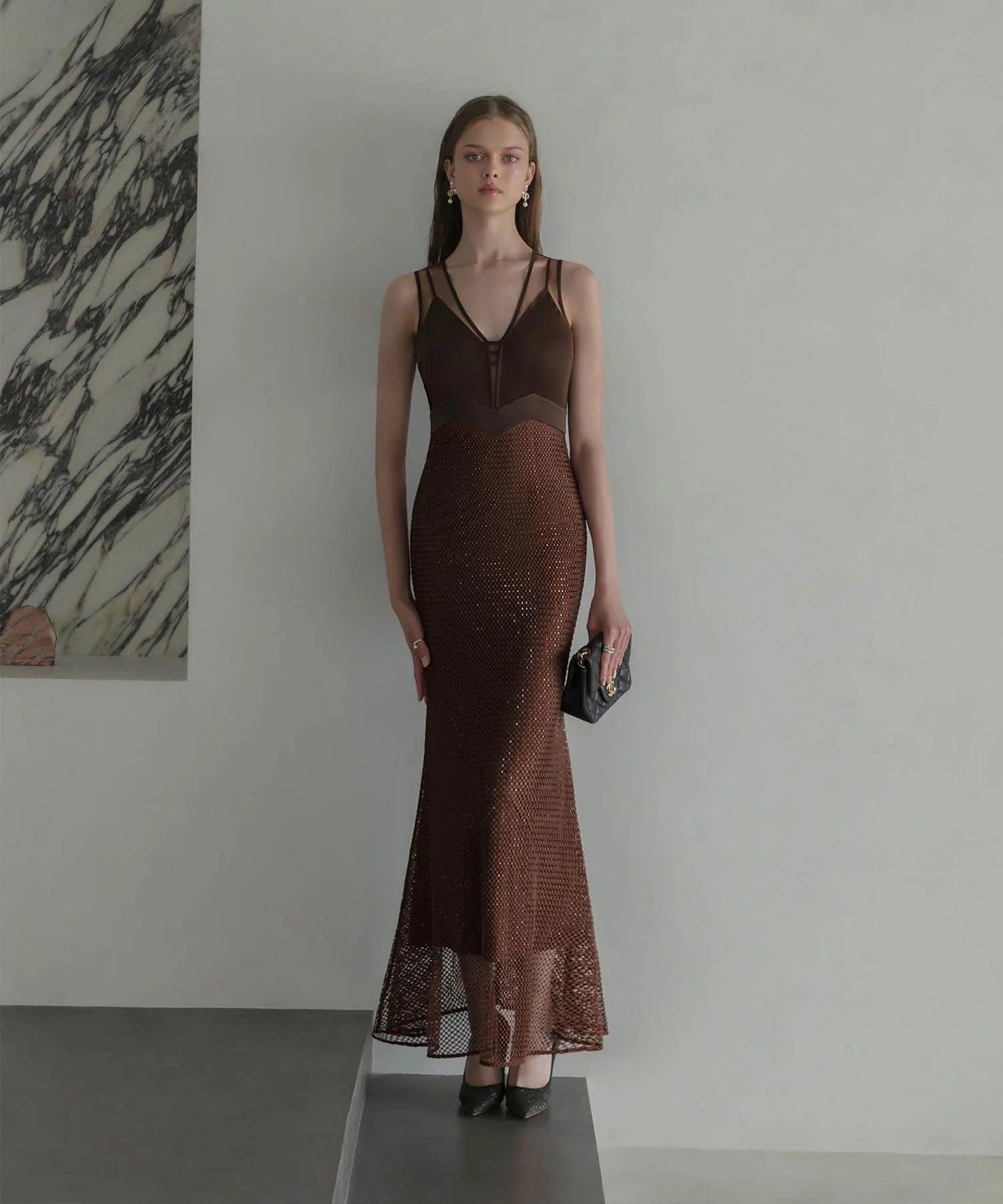 【LEJA LUXE】VネックメッシュストーンIラインドレス