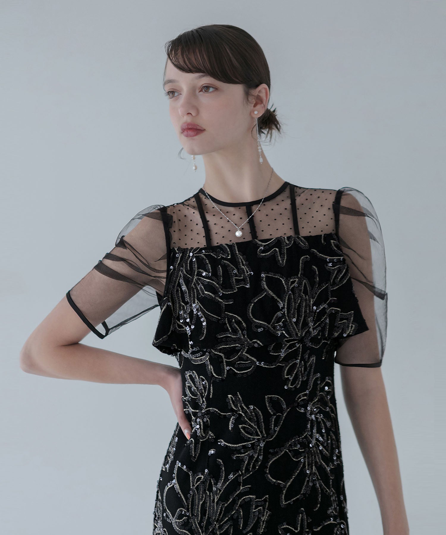 【当日発送】ドットチュールフラワースパンコールIラインワンピースドレス