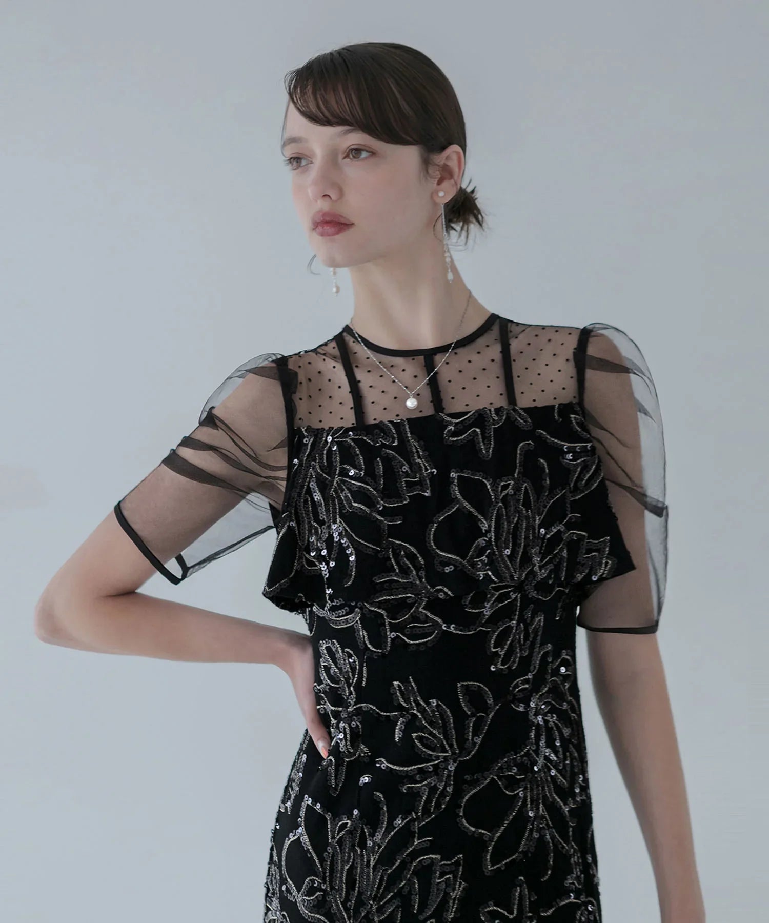 【当日発送】ドットチュールフラワースパンコールIラインワンピースドレス