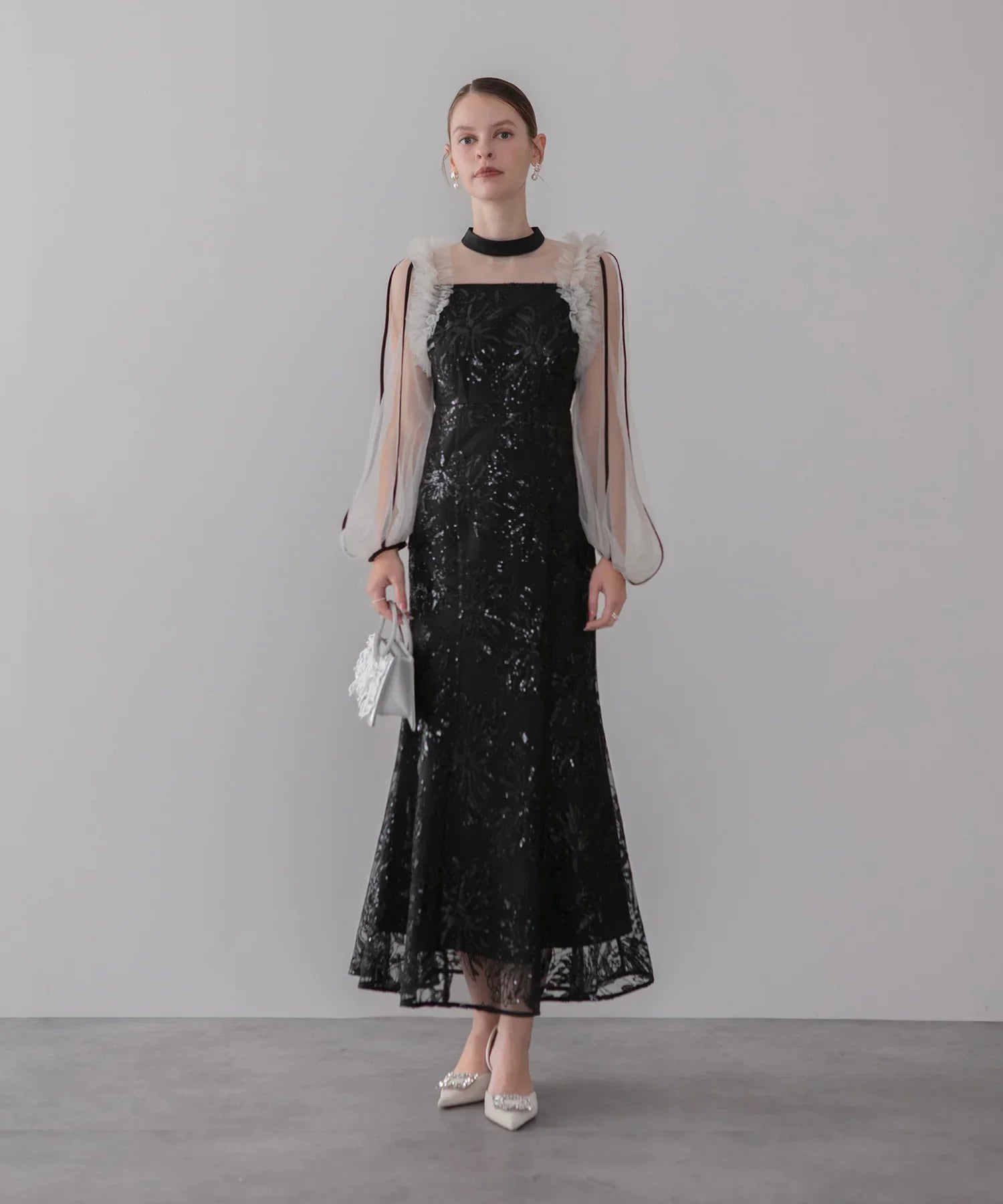 【当日発送】フラワースパンコールチュールフリルロングスリーブマーメイドワンピースドレス