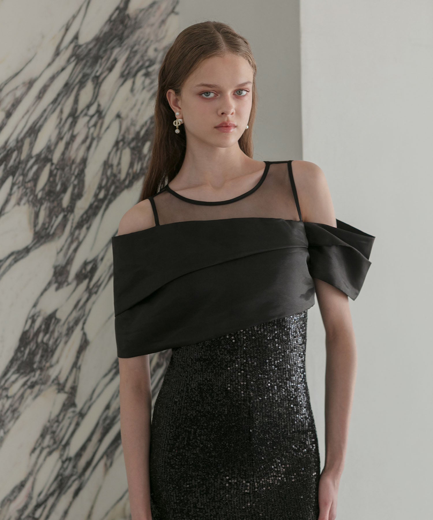 【LEJA LUXE】シースルーアシンメトリースパンコールスリットIラインドレス