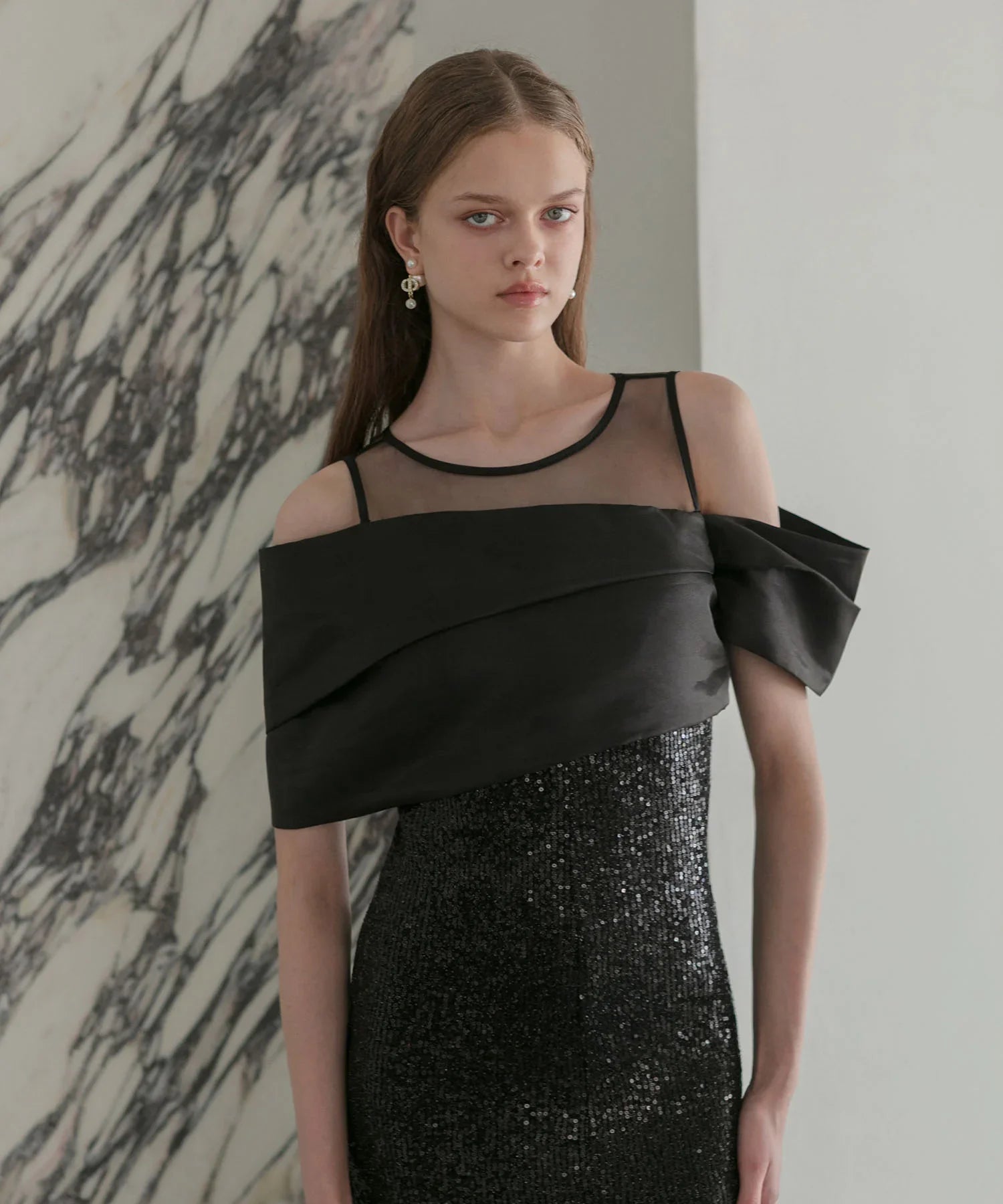 【LEJA LUXE】シースルーアシンメトリースパンコールスリットIラインドレス