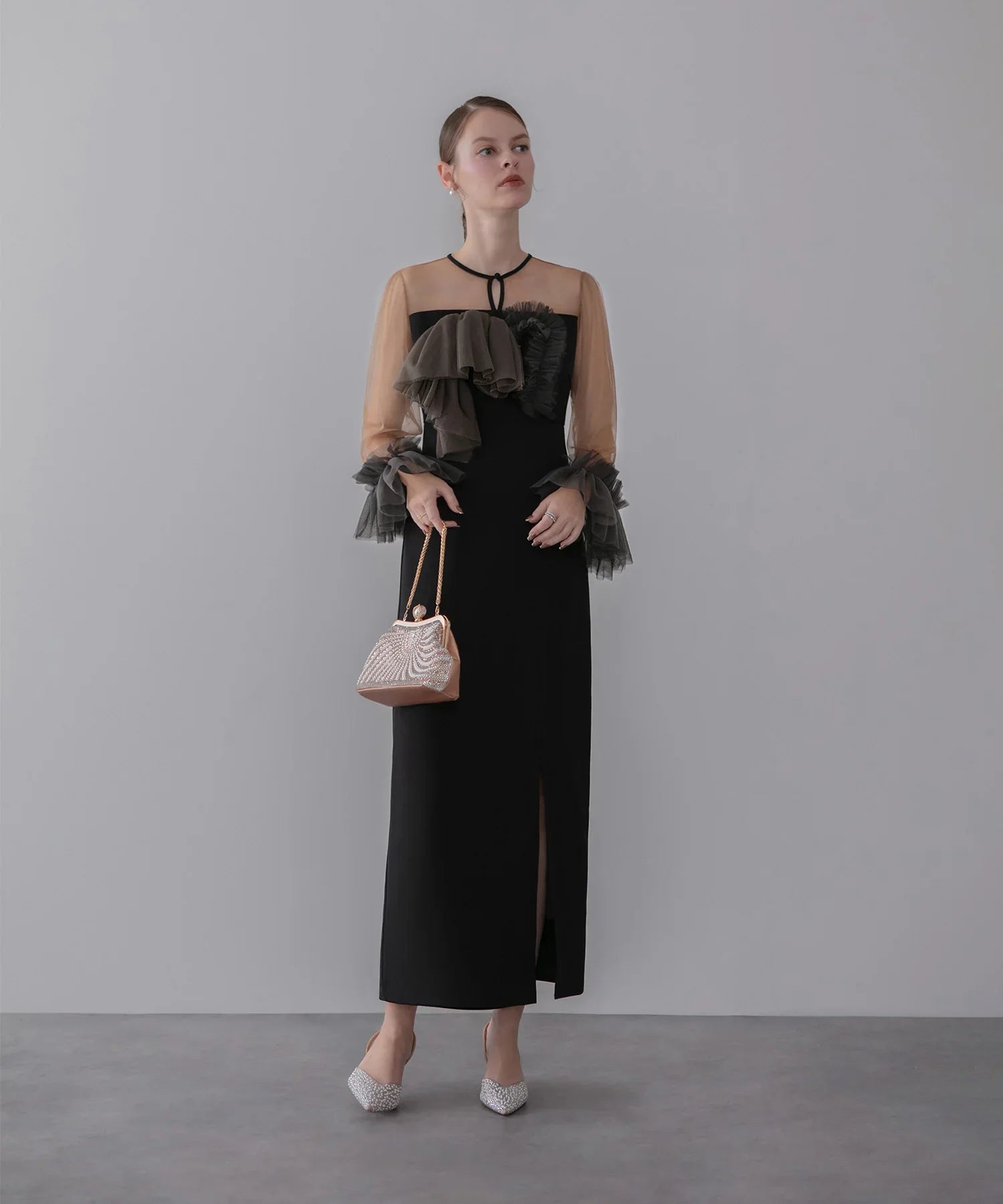 【当日発送】チュールフリルスリーブIラインワンピースドレス