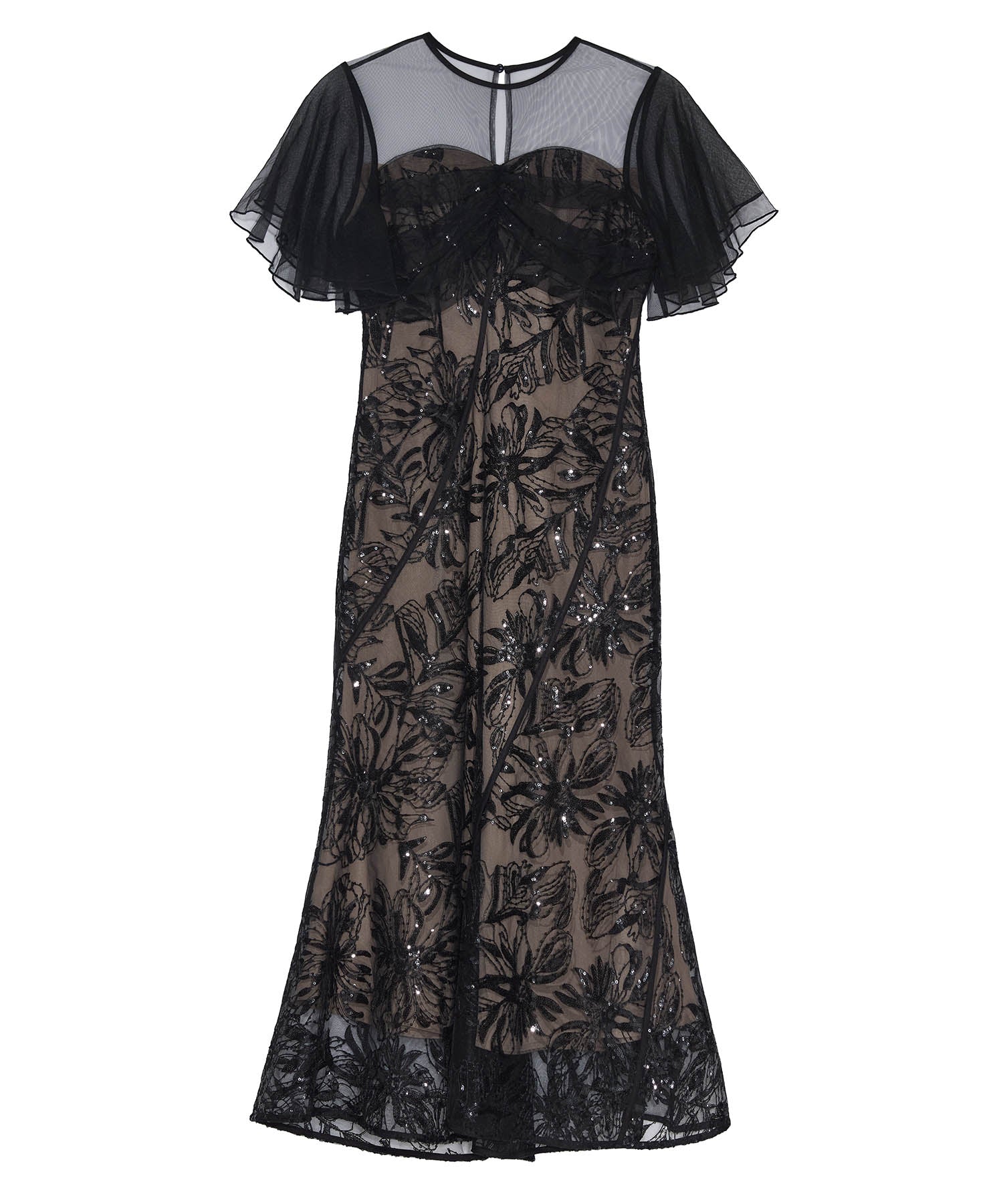 【予約販売】フラワースパンコールチュールフレアスリーブマーメイドワンピースドレス