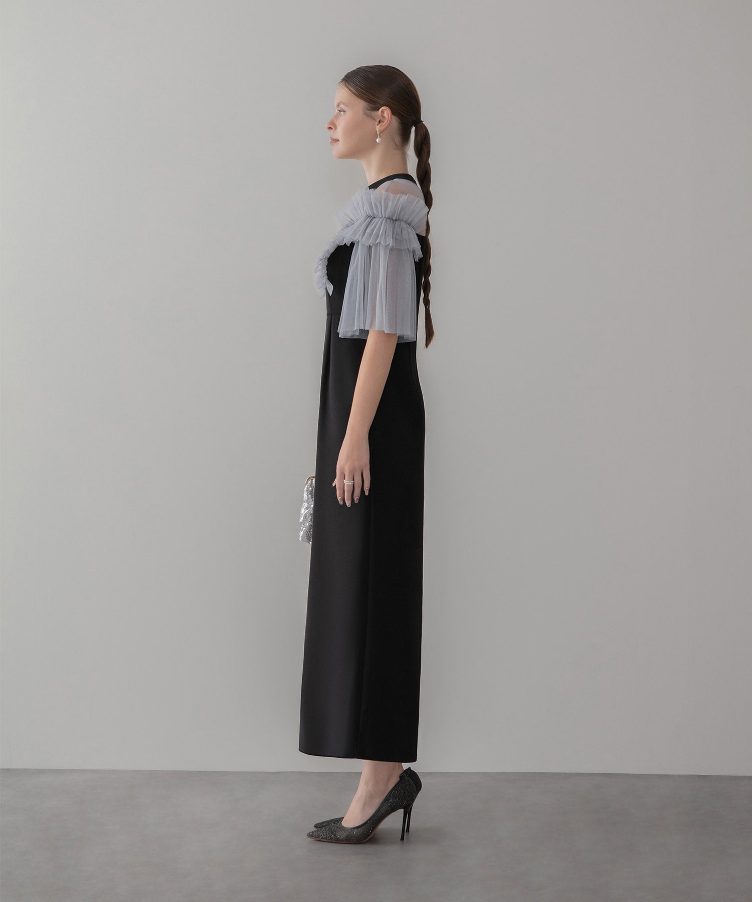 【当日発送】チュールフリルショルダーシアーIラインワンピースドレス