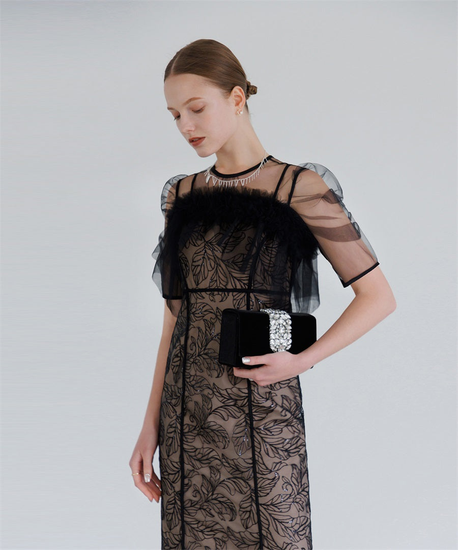 【当日発送】3WAYフラワーチュールアシンメトリーIラインワンピースドレス