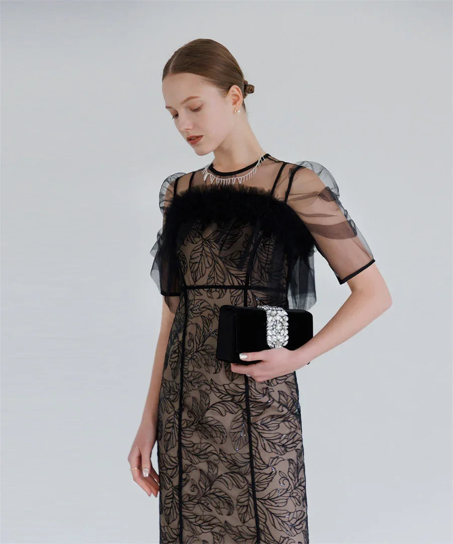 【当日発送】3WAYフラワーチュールアシンメトリーIラインワンピースドレス