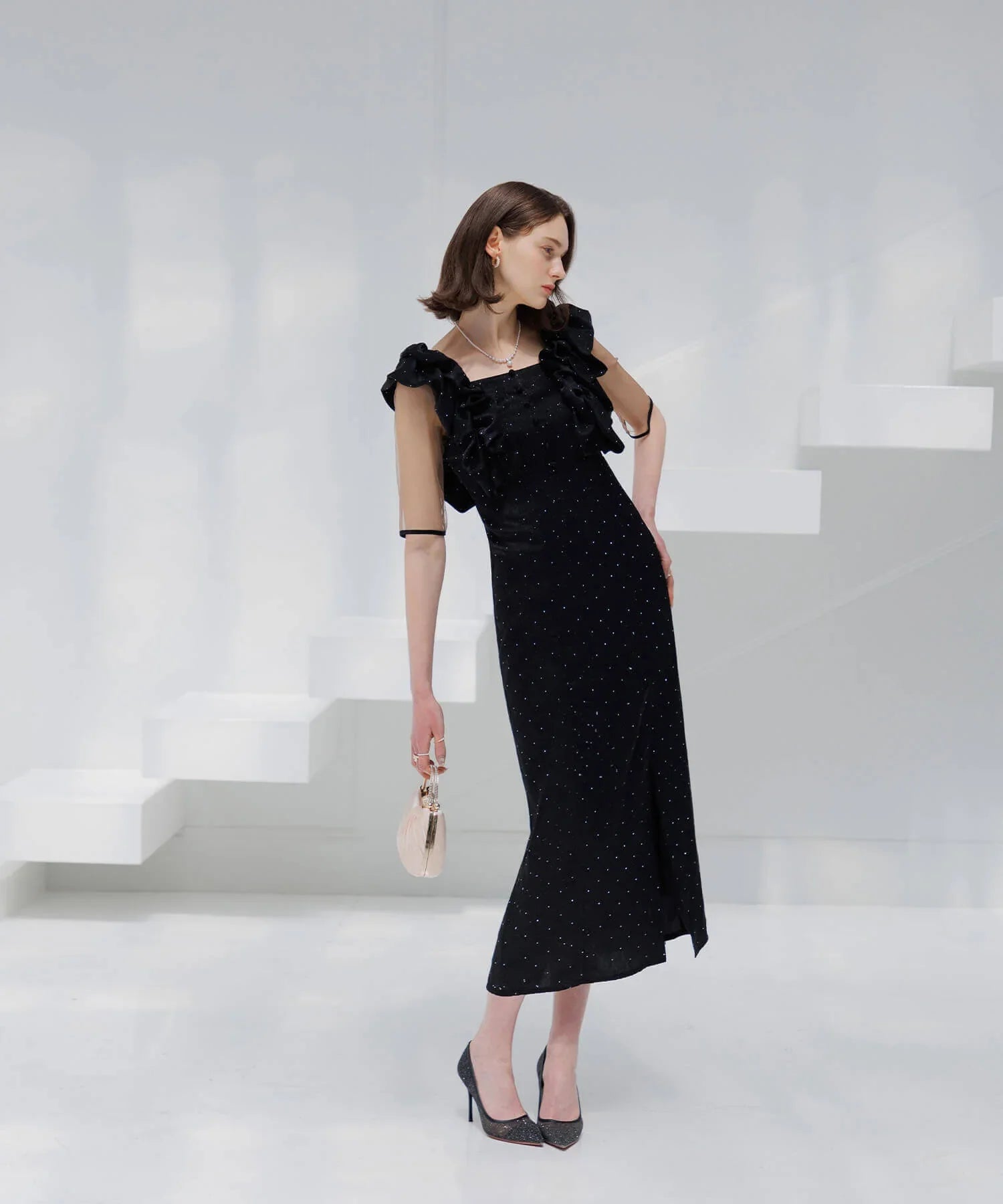 【当日発送】フリルショルダーストーンIラインワンピースドレス