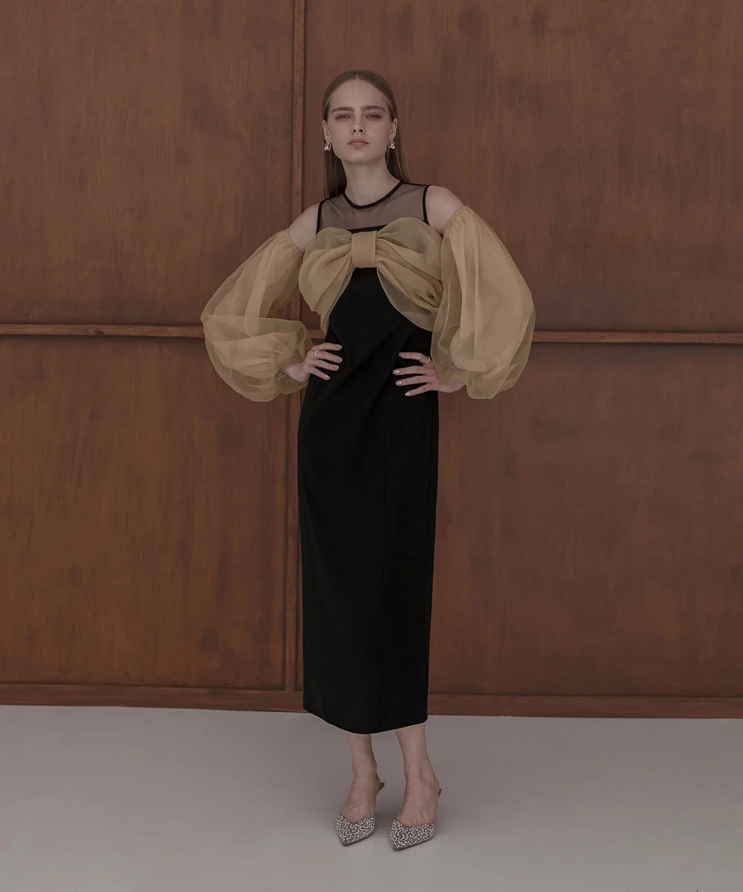 【当日発送】フロントリボンチュールIラインワンピースドレス