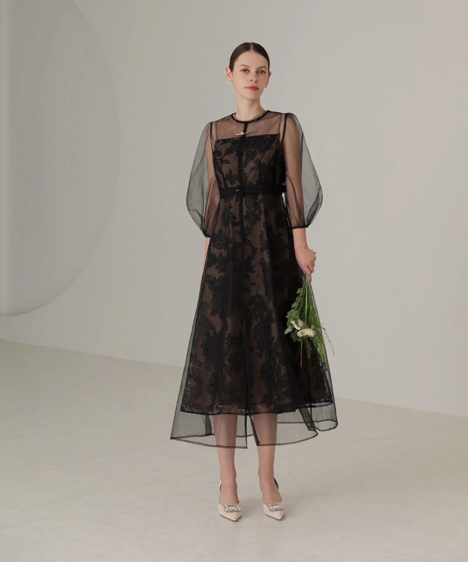 【当日発送】チュールパイピングリーフベルトAラインワンピースドレス