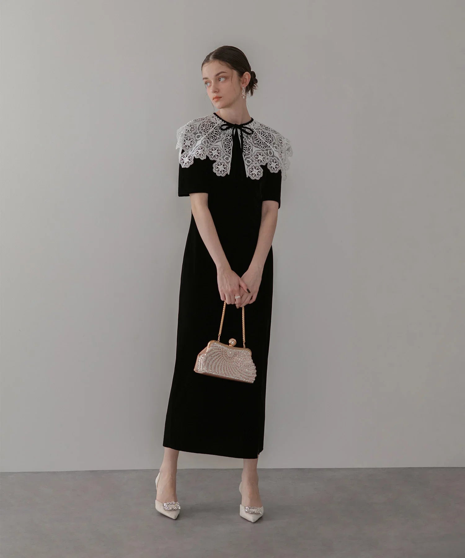 【当日発送】レースカラーベロアIラインワンピースドレス