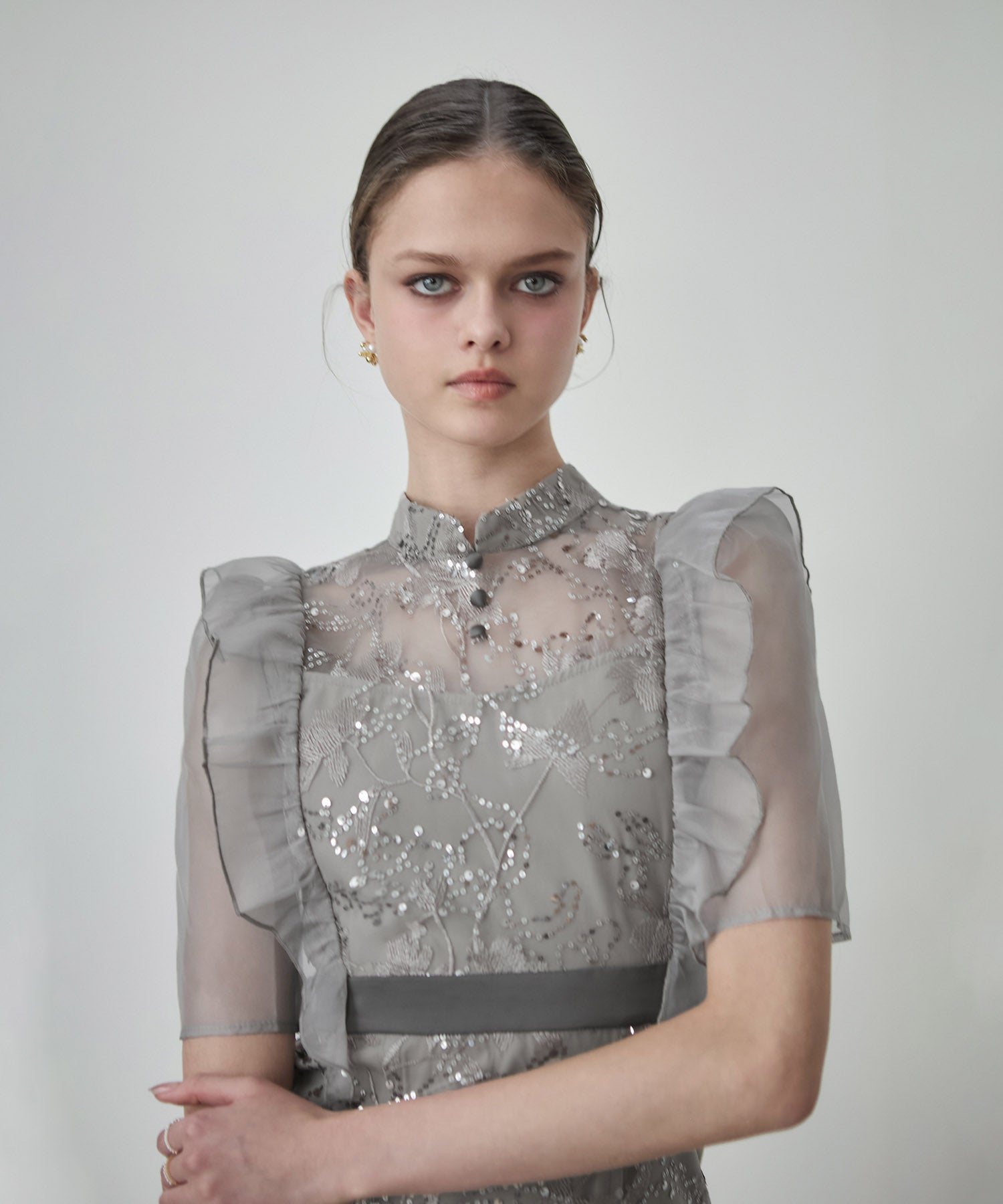 【当日発送】フラワースパンコールシアーフリルIラインワンピースドレス