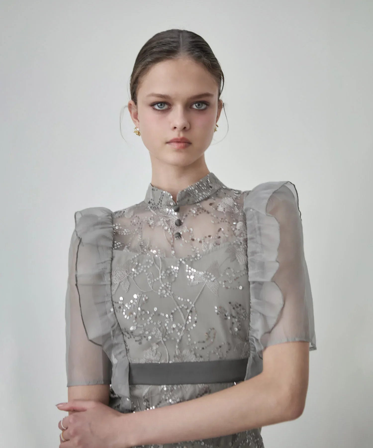 【当日発送】フラワースパンコールシアーフリルIラインワンピースドレス