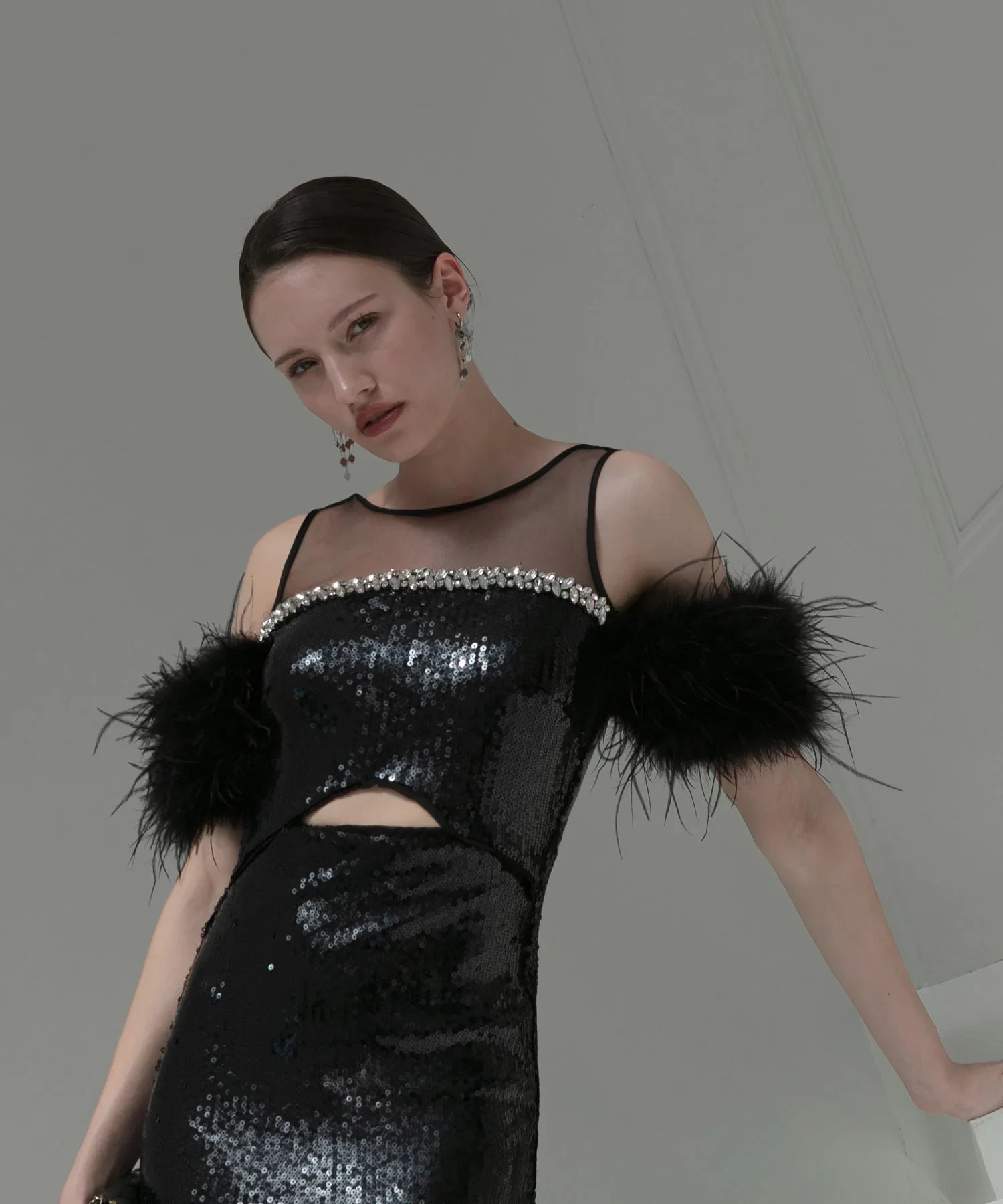 【LEJA LUXE】2WAYファースリーブスパンコールマーメイドドレス