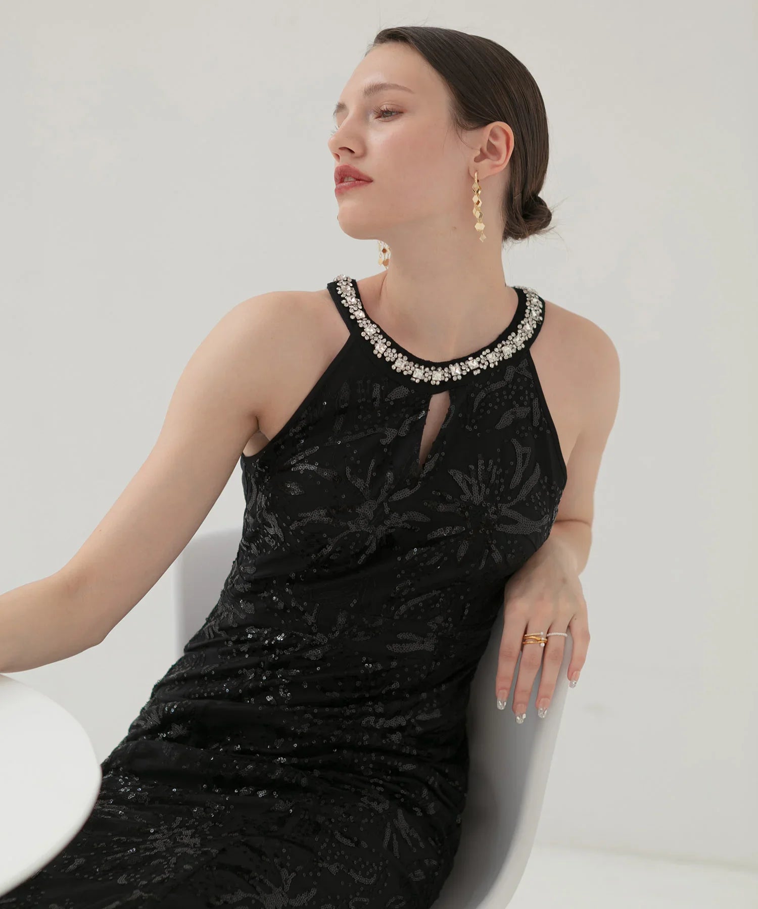 【LEJA LUXE】Beaded halter neck botanical mermaid dress