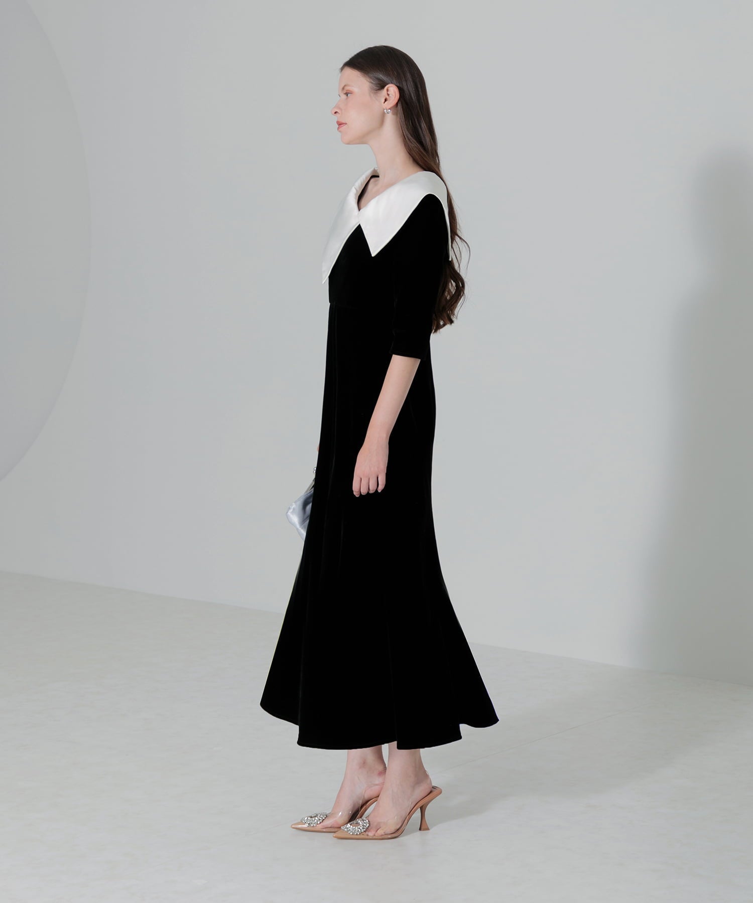 【当日発送】アシンメトリービッグカラーベロアマーメイドワンピースドレス