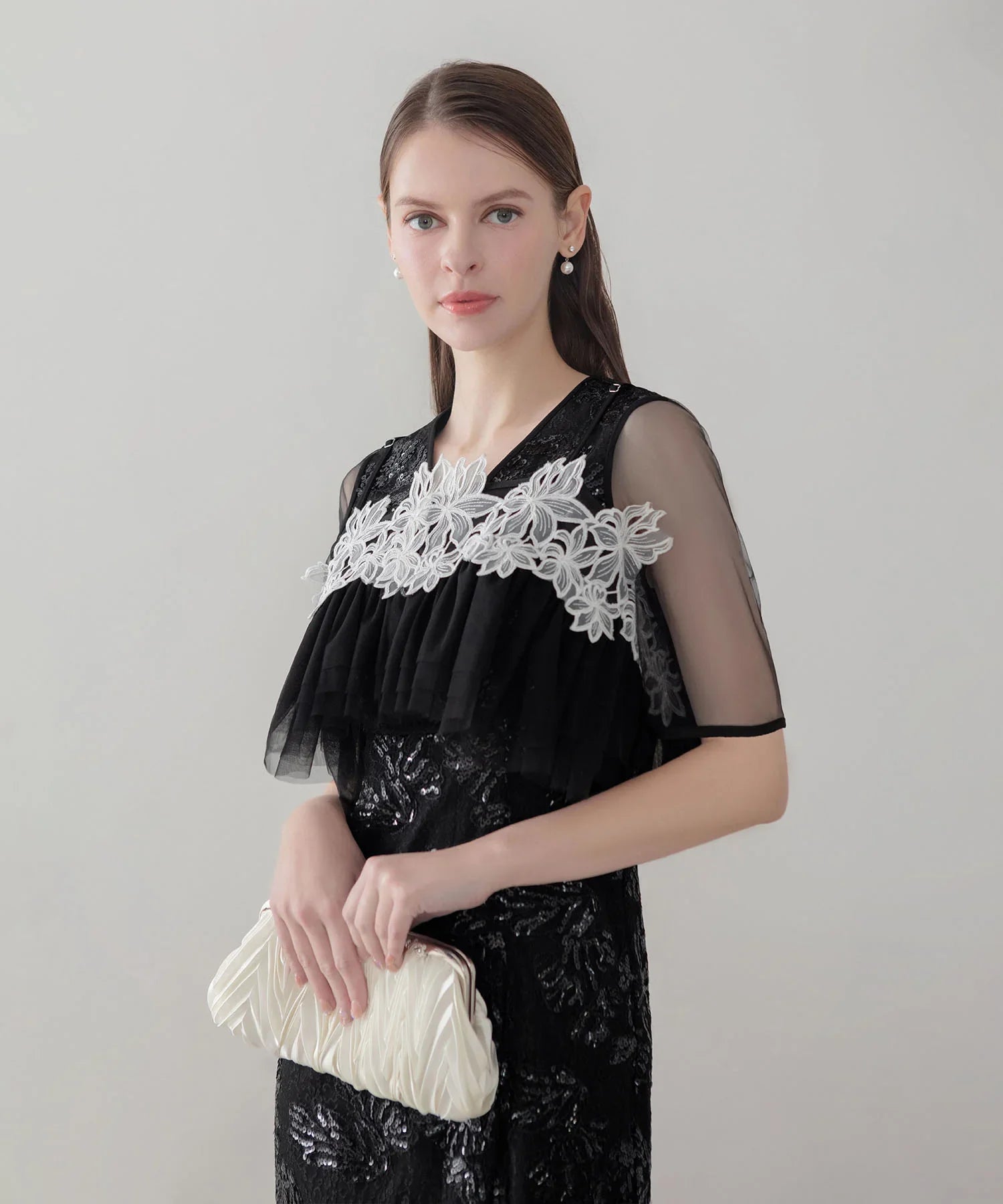 【当日発送】レースフラワースパンコールエンブロイダリービスチェIラインワンピースドレス