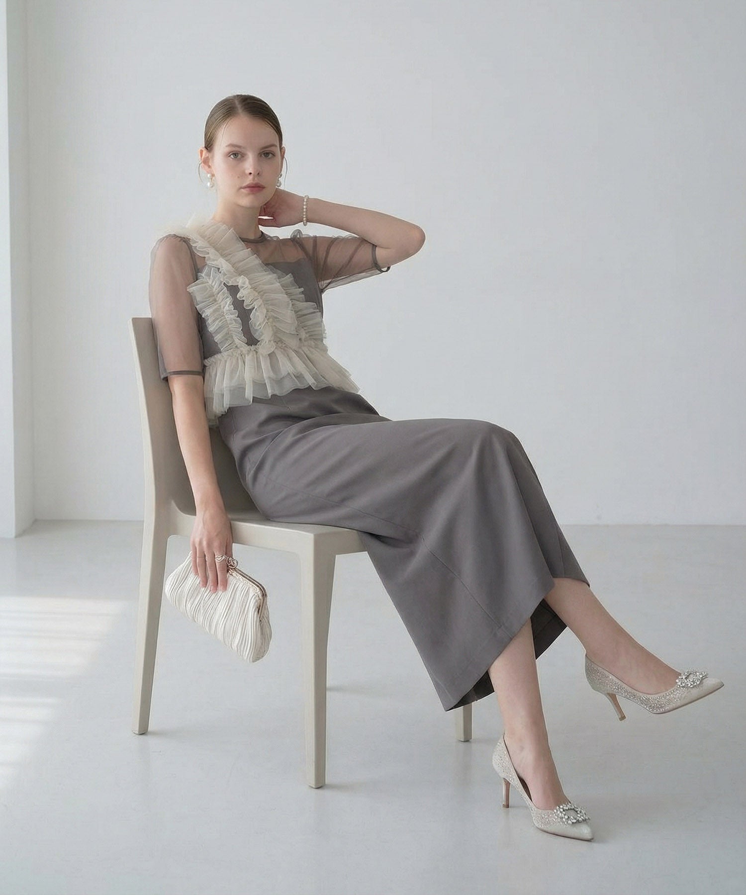 【当日発送】アシンメトリーフリルチュールIラインワンピースドレス