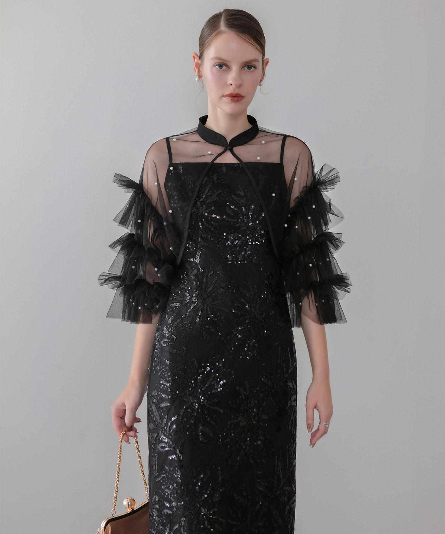 【一部当日発送】パールフリルチュールボレロレイヤードIラインワンピースドレス