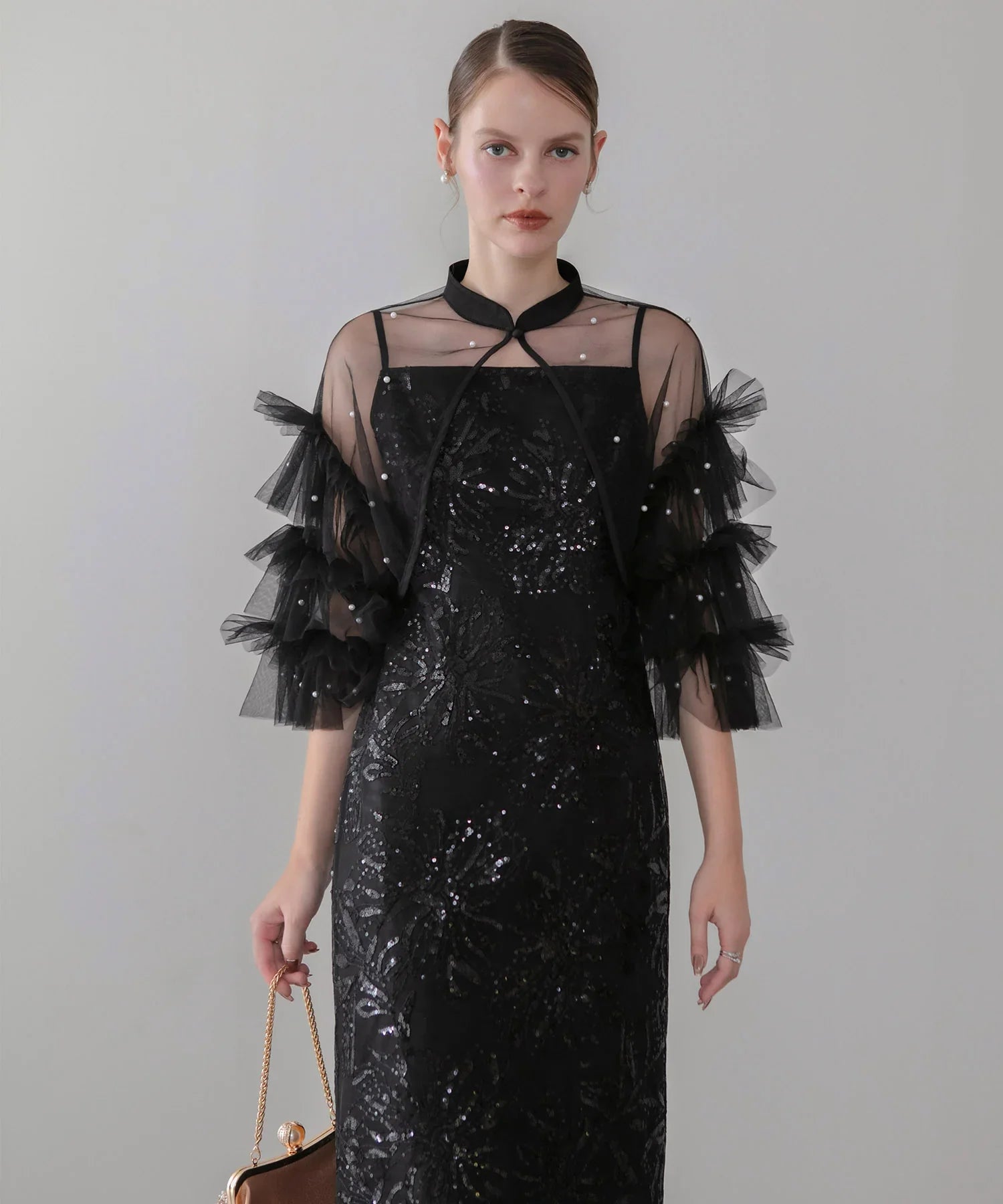 【当日発送】パールフリルチュールボレロレイヤードIラインワンピースドレス