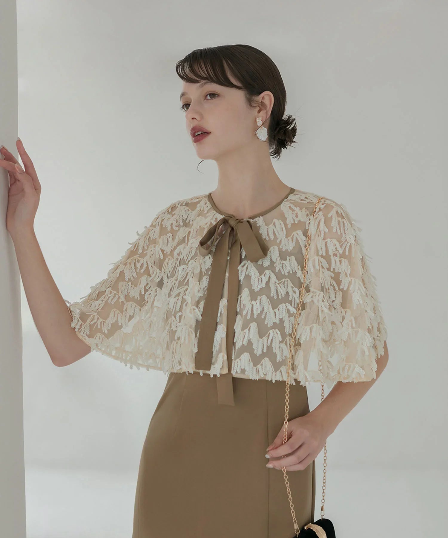 【当日発送】スパンコールフリンジケープ Iラインワンピースドレス