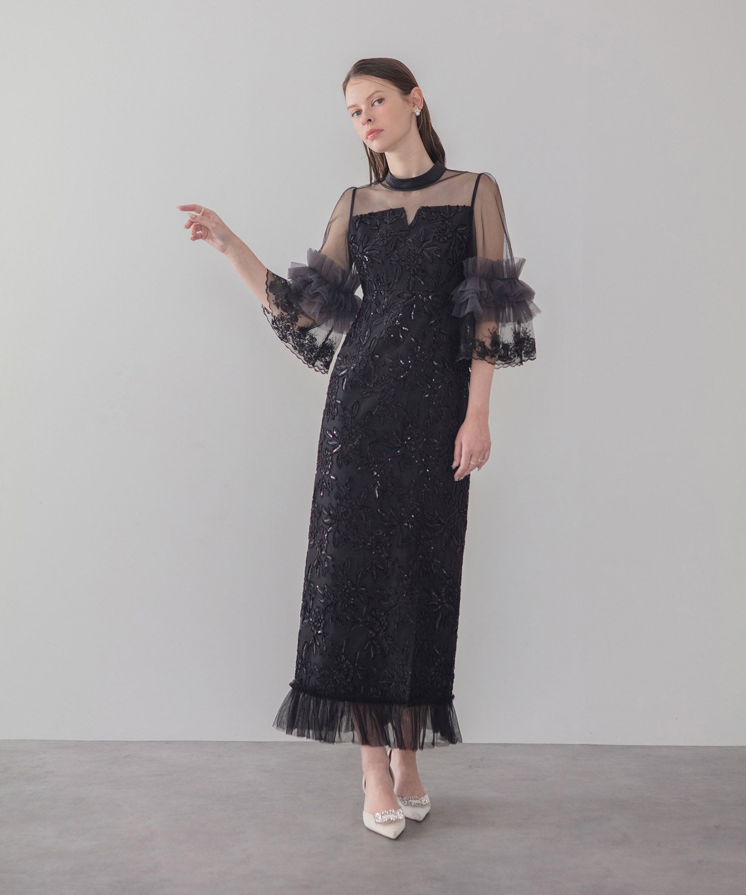 【COMING SOON】シアーチュールフラワーレースIラインワンピースドレス