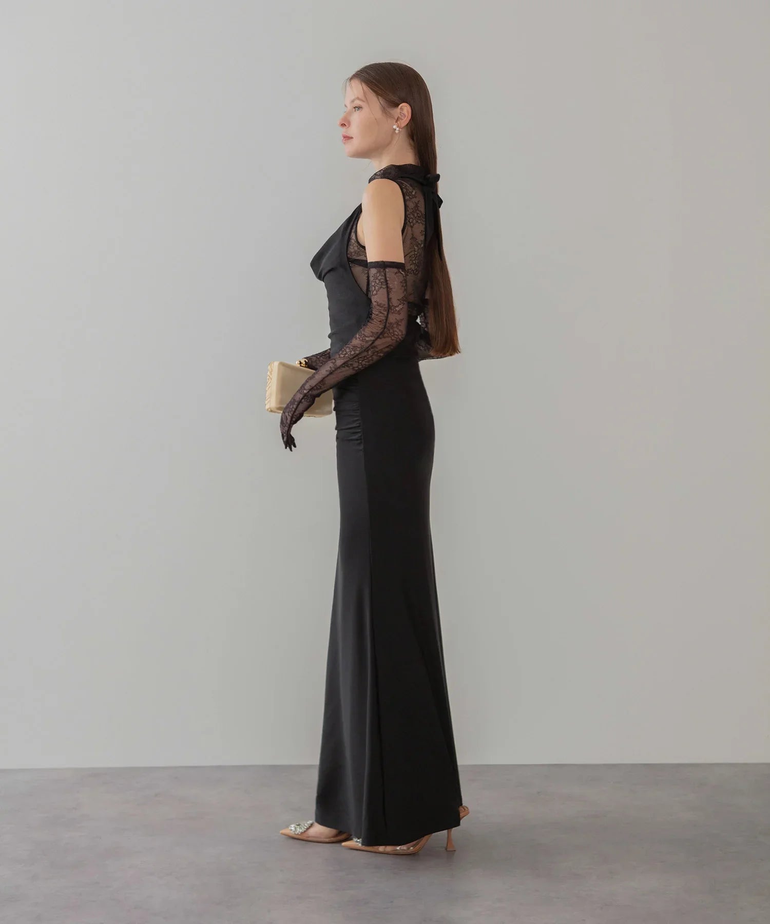 【LEJA LUXE】2WAYシアーレースグローブクラシックブラックマーメイドドレス