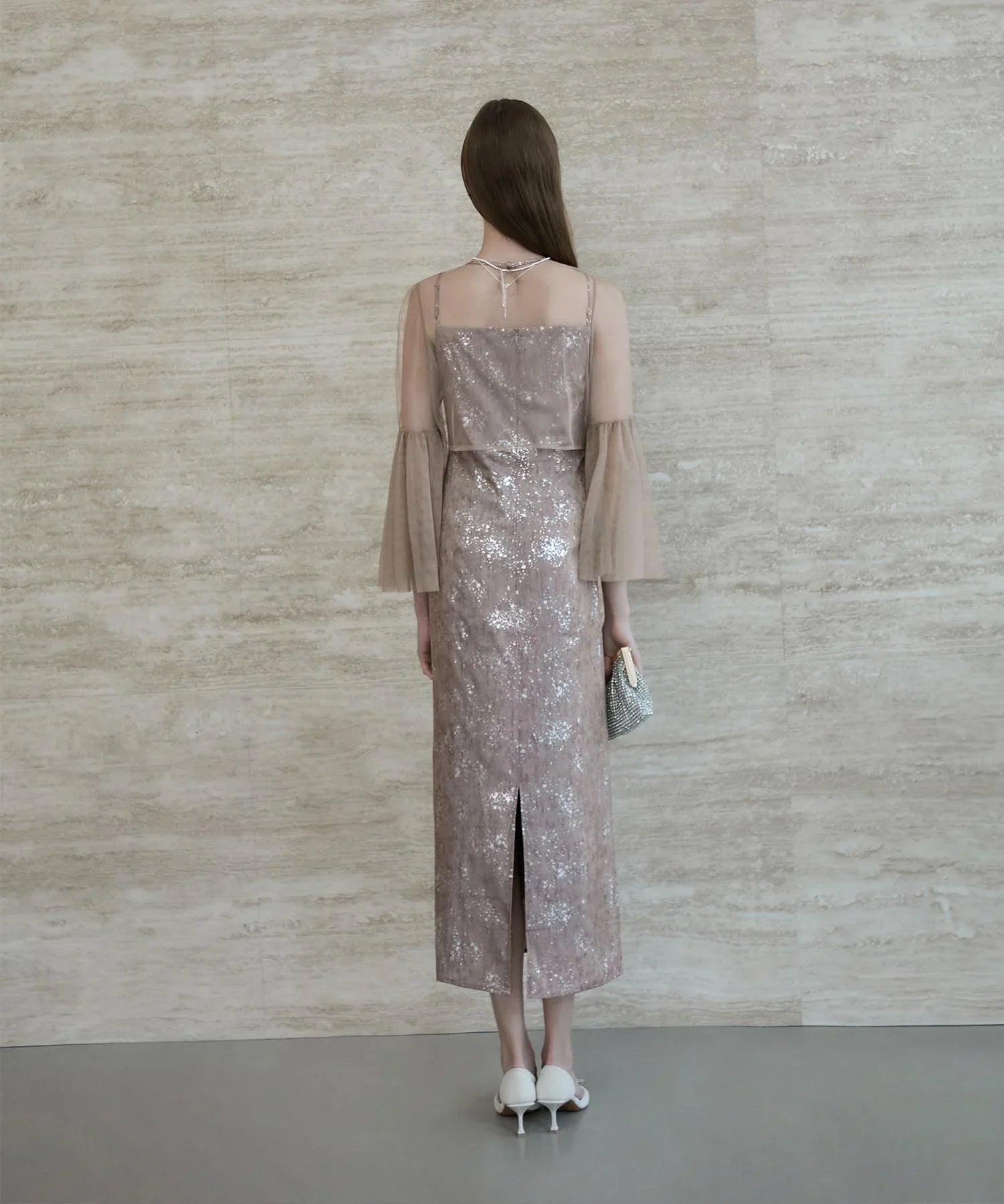 【一部当日発送】シアーチュールベルスリーブペイントIラインワンピースドレス