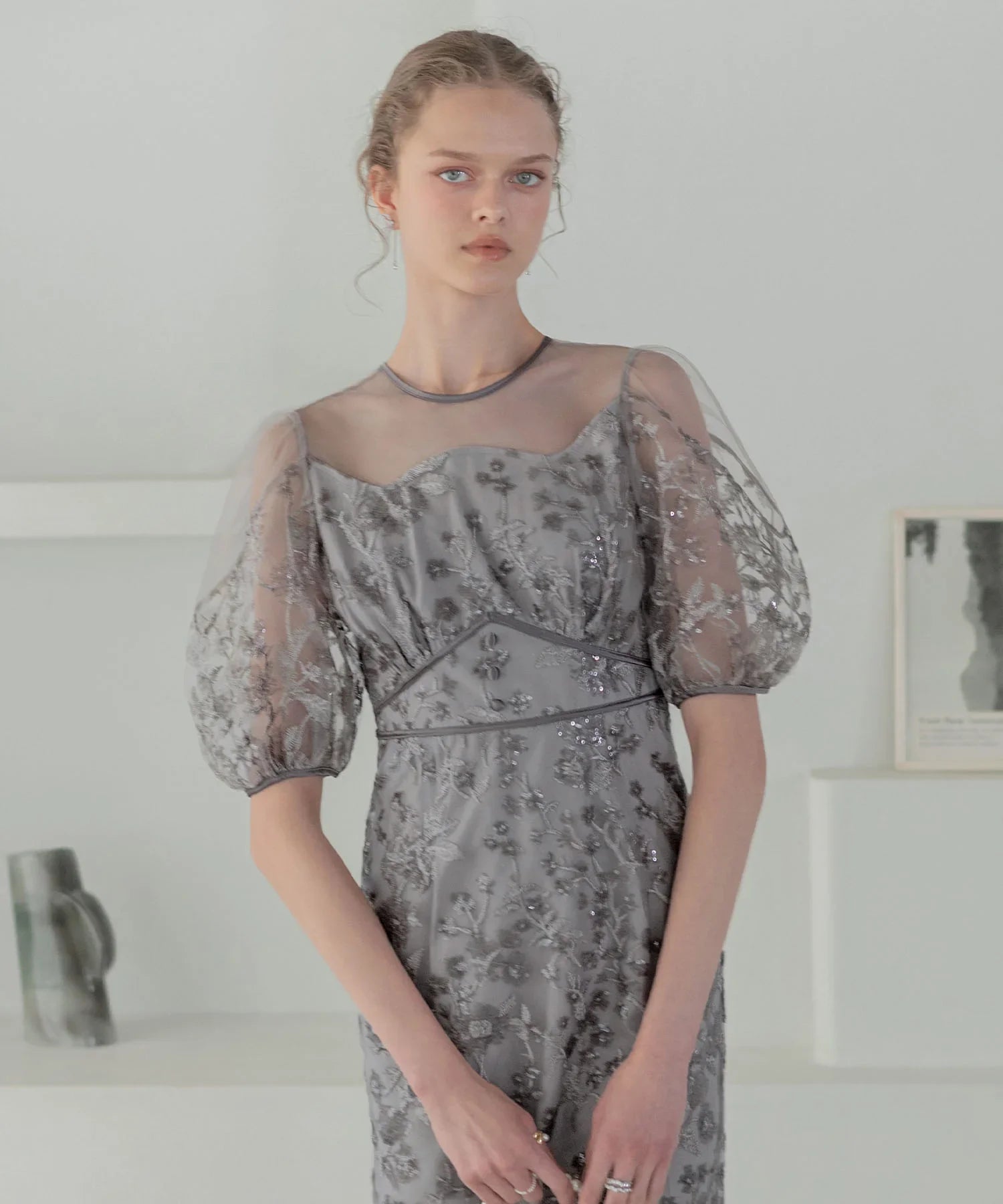 【一部当日発送】フラワーディテールパフスリーブIラインワンピースドレス