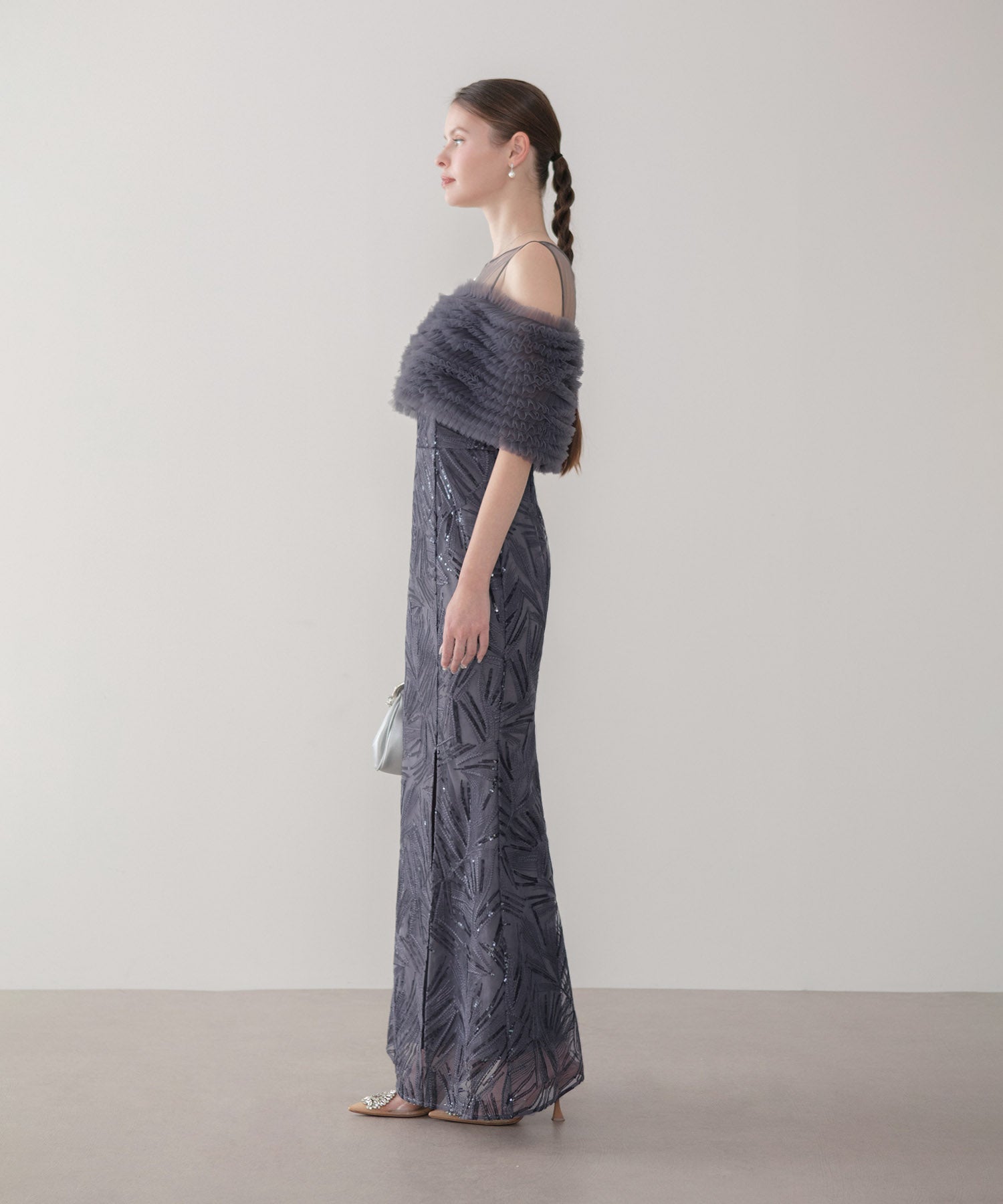 【LEJA LUXE】チュールフリルスパンコールスリットマーメイドドレス