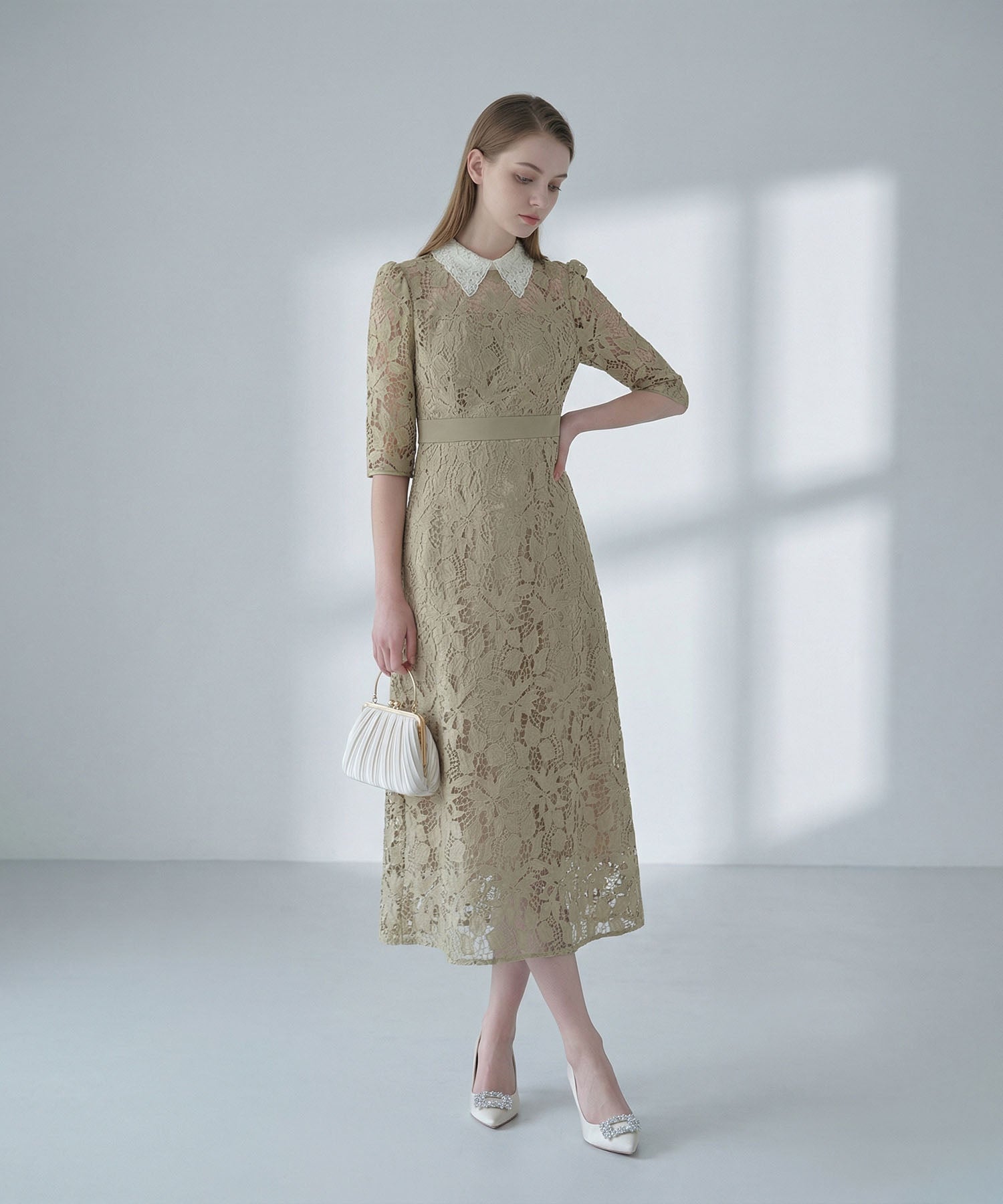 【当日発送】花柄レースビジューカラーAラインワンピースドレス