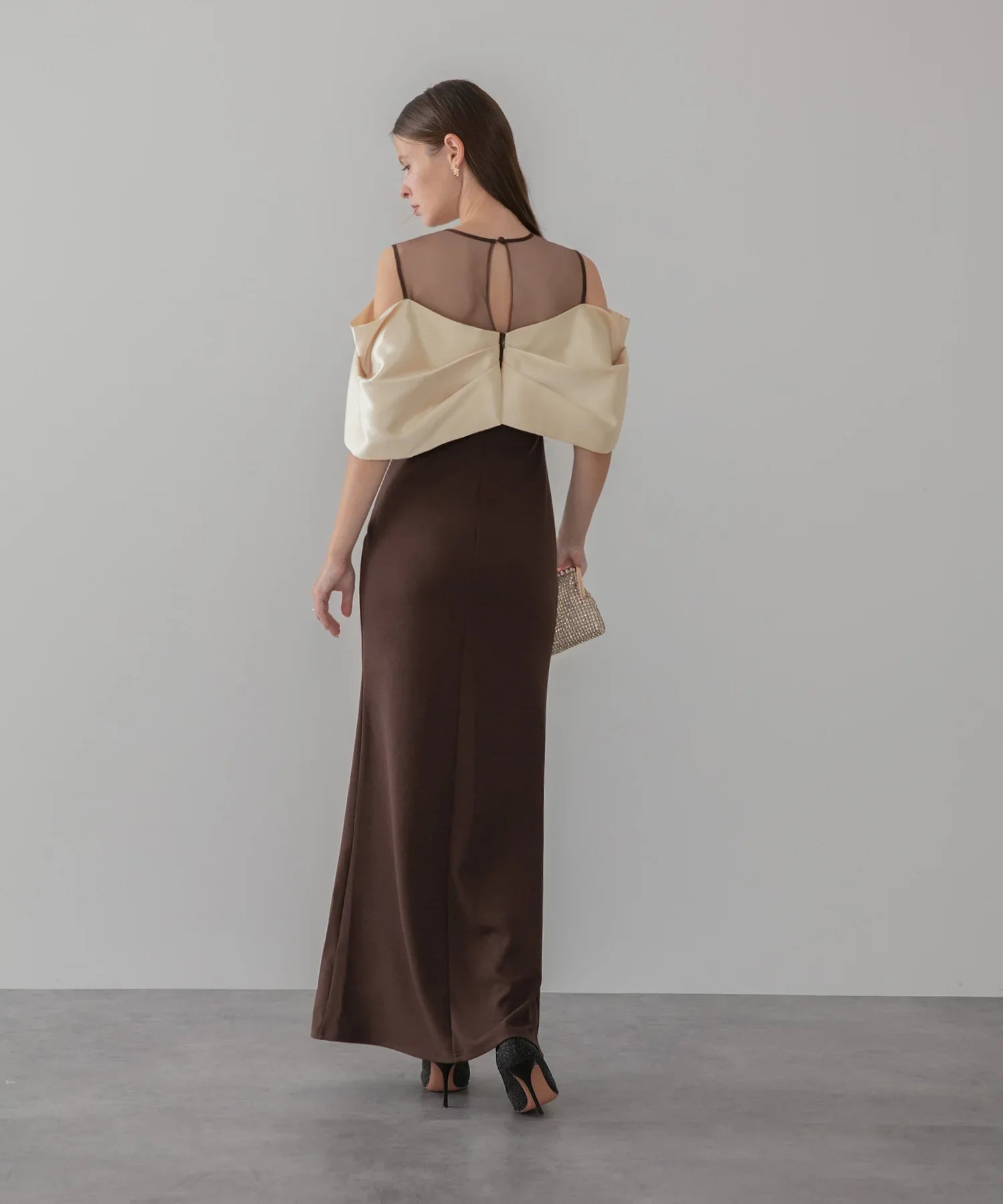 【LEJA LUXE】ビッグリボンシアーショルダードレープロングドレス