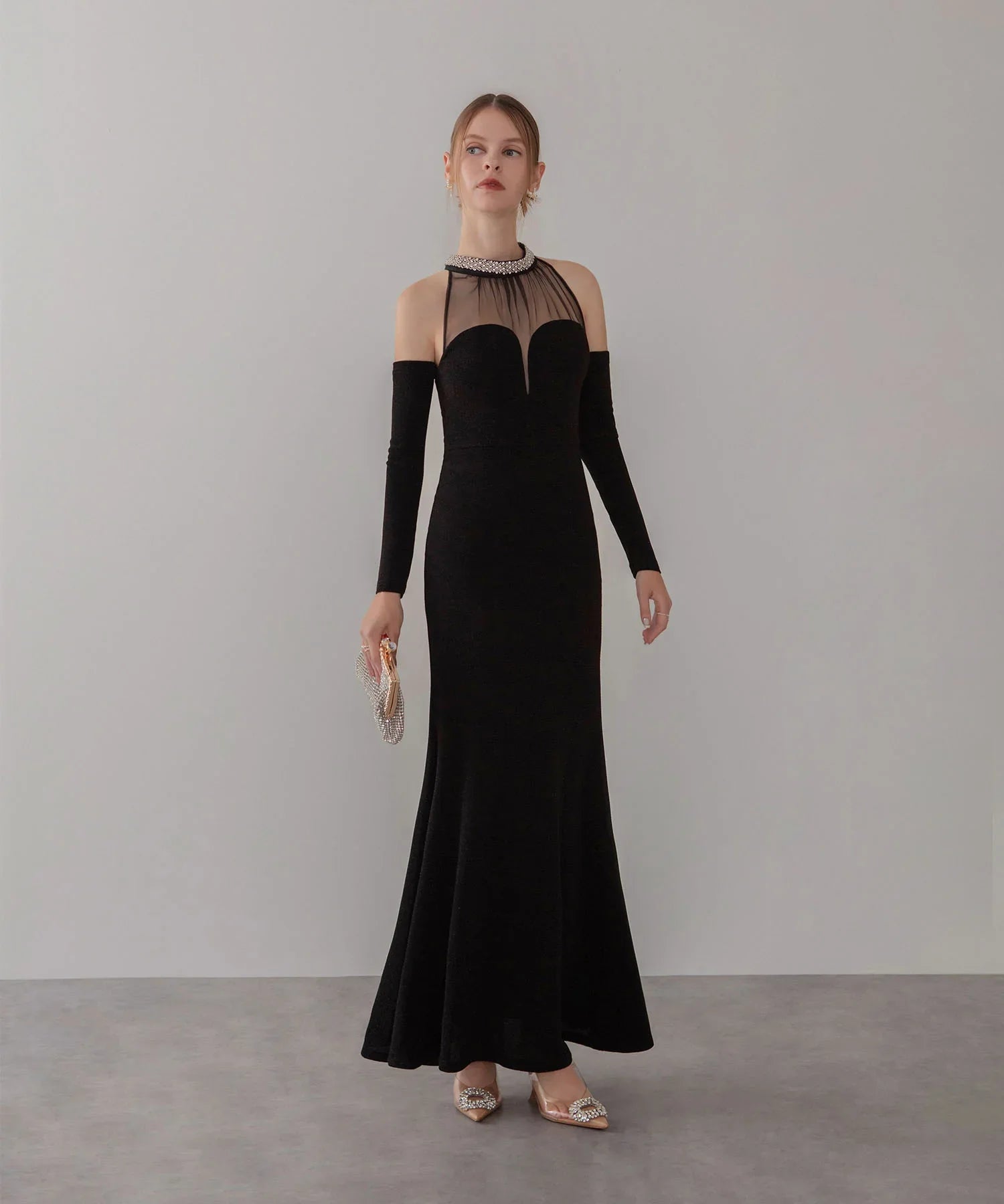 【LEJA LUXE】シアーネックビジューデザインブラックマーメイドロングドレス