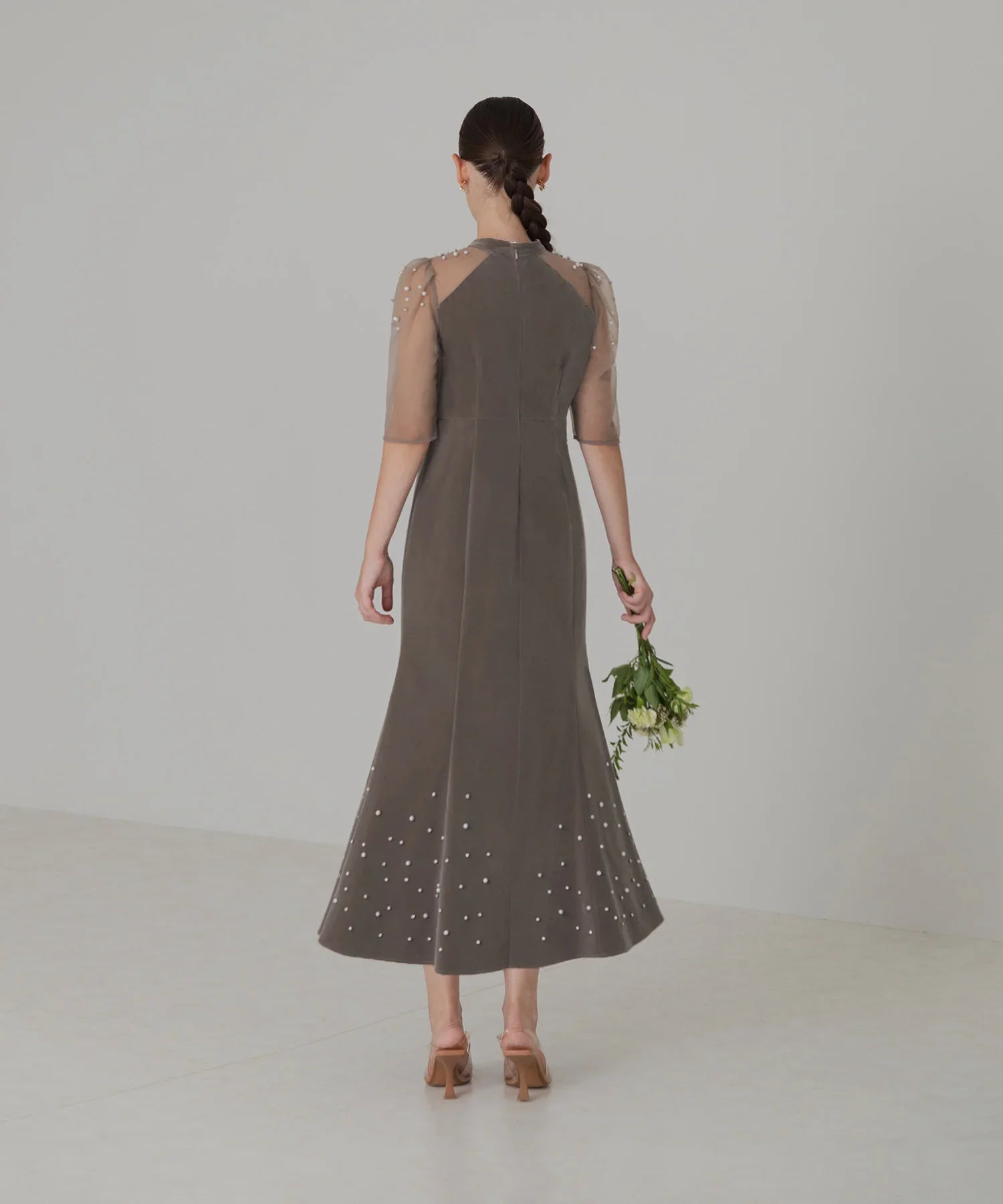 【当日発送】シアースリーブパールビジューベロアマーメイドワンピースドレス