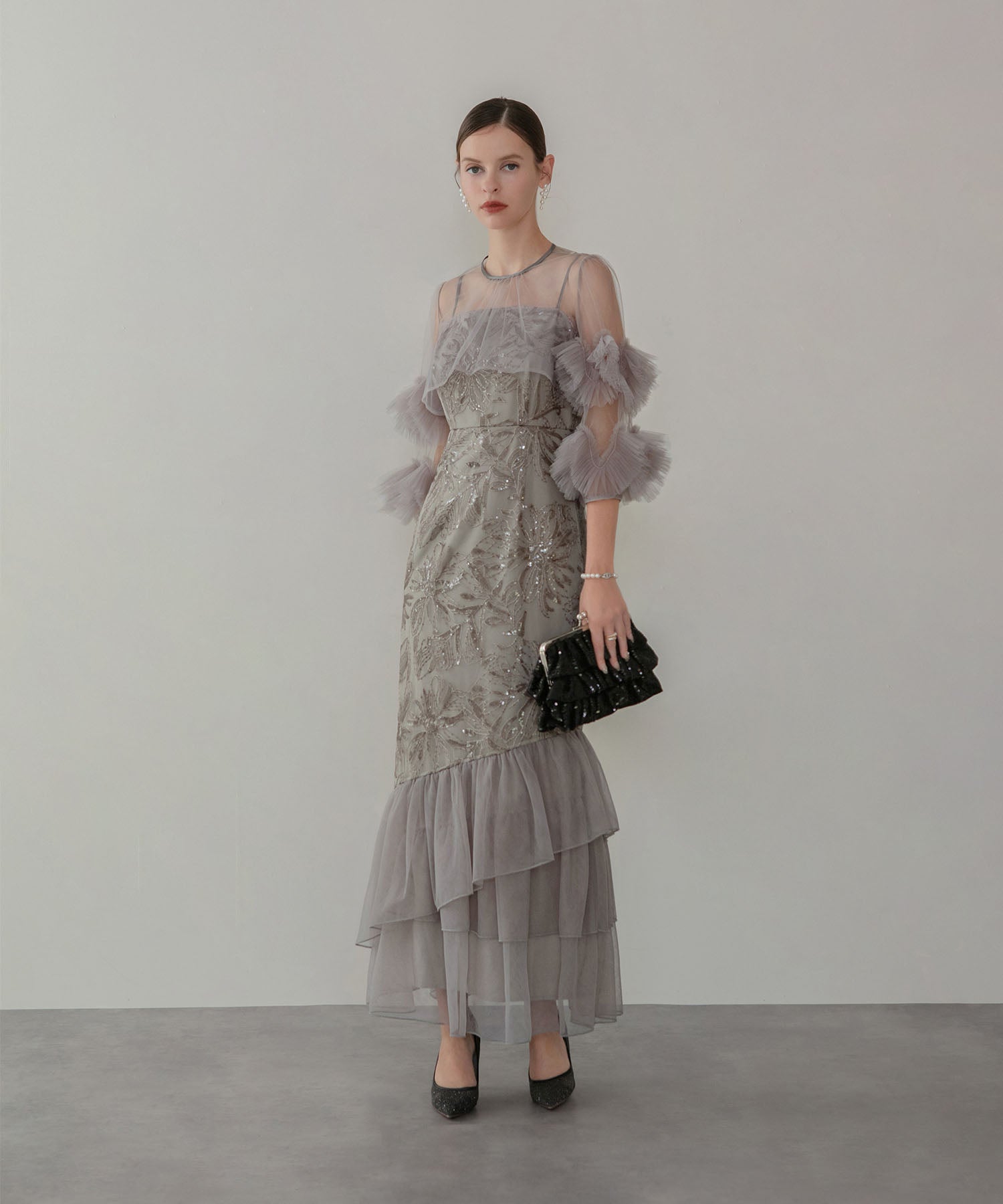 【一部当日発送】フラワースパンコールチュールフリルスリーブIラインワンピースドレス