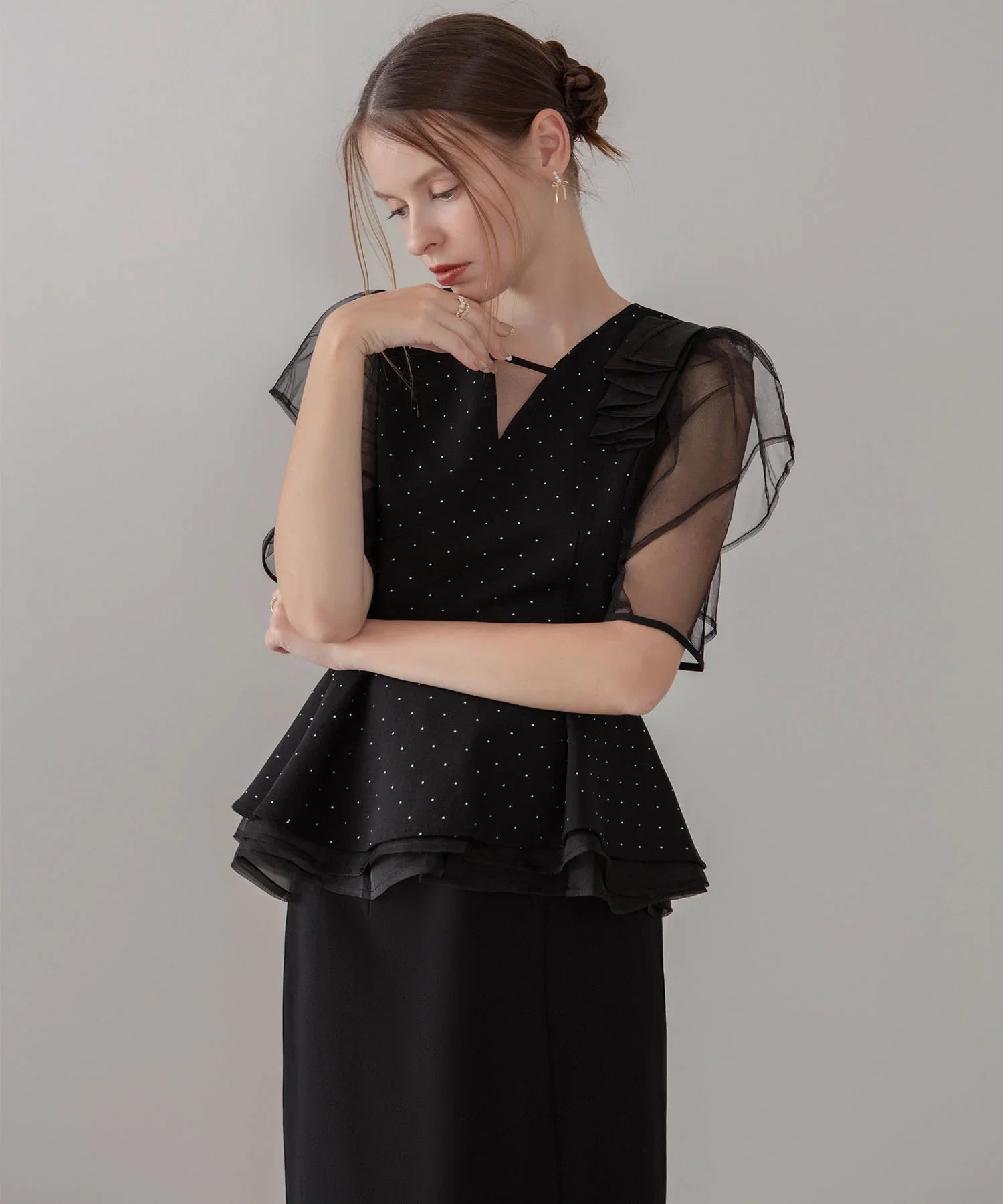 【当日発送】ドットストーンチュールペプラムセパレートIラインドレス