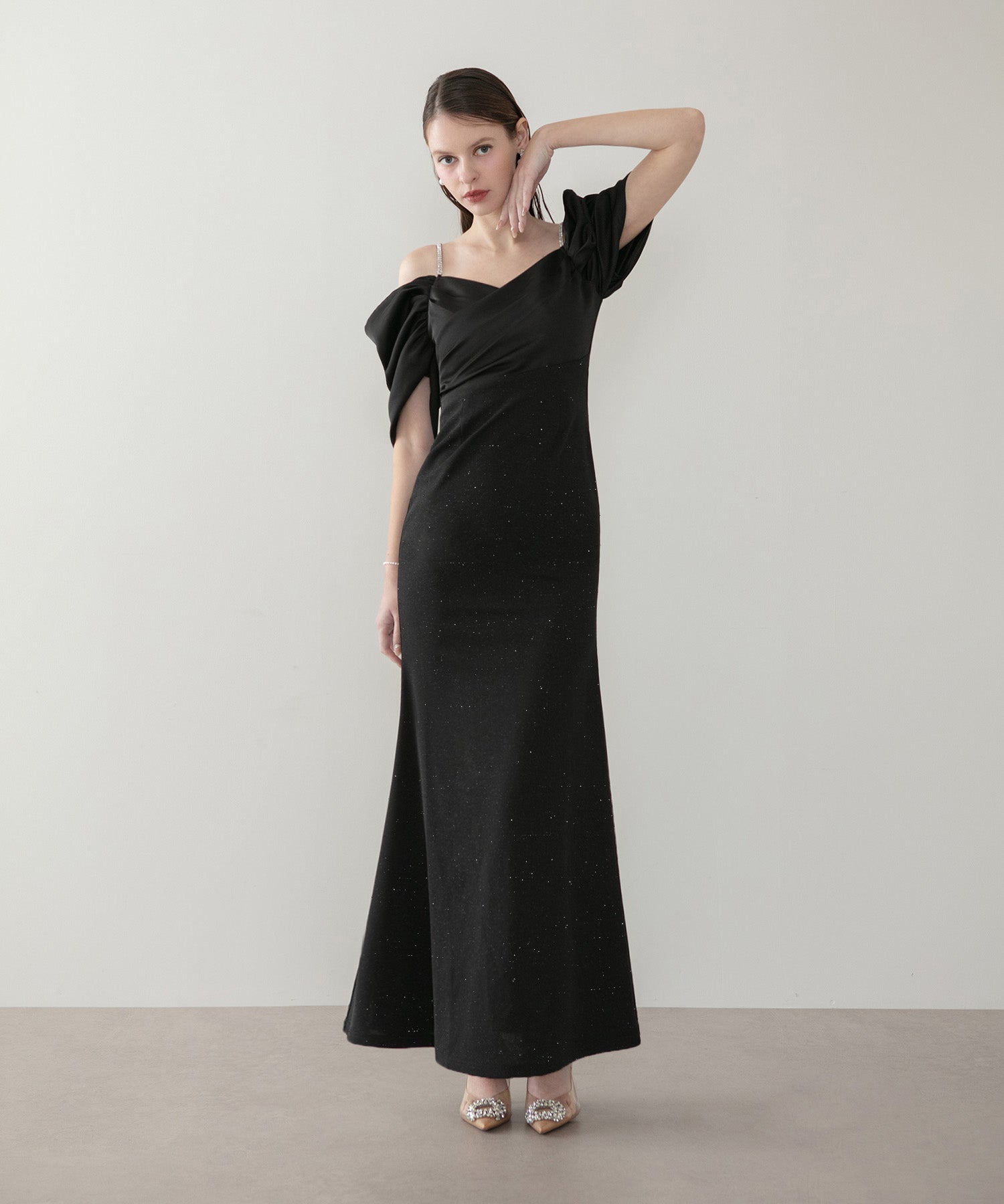 【当日発送】ビジューストラップタックオフショルダーマーメイドワンピースドレス