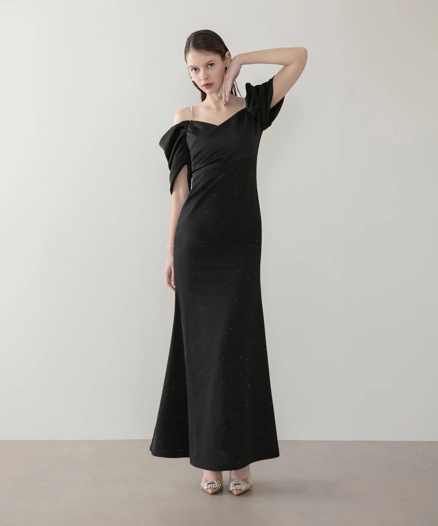 【LEJA LUXE】ビジューストラップタックオフショルダーマーメイドワンピースドレス