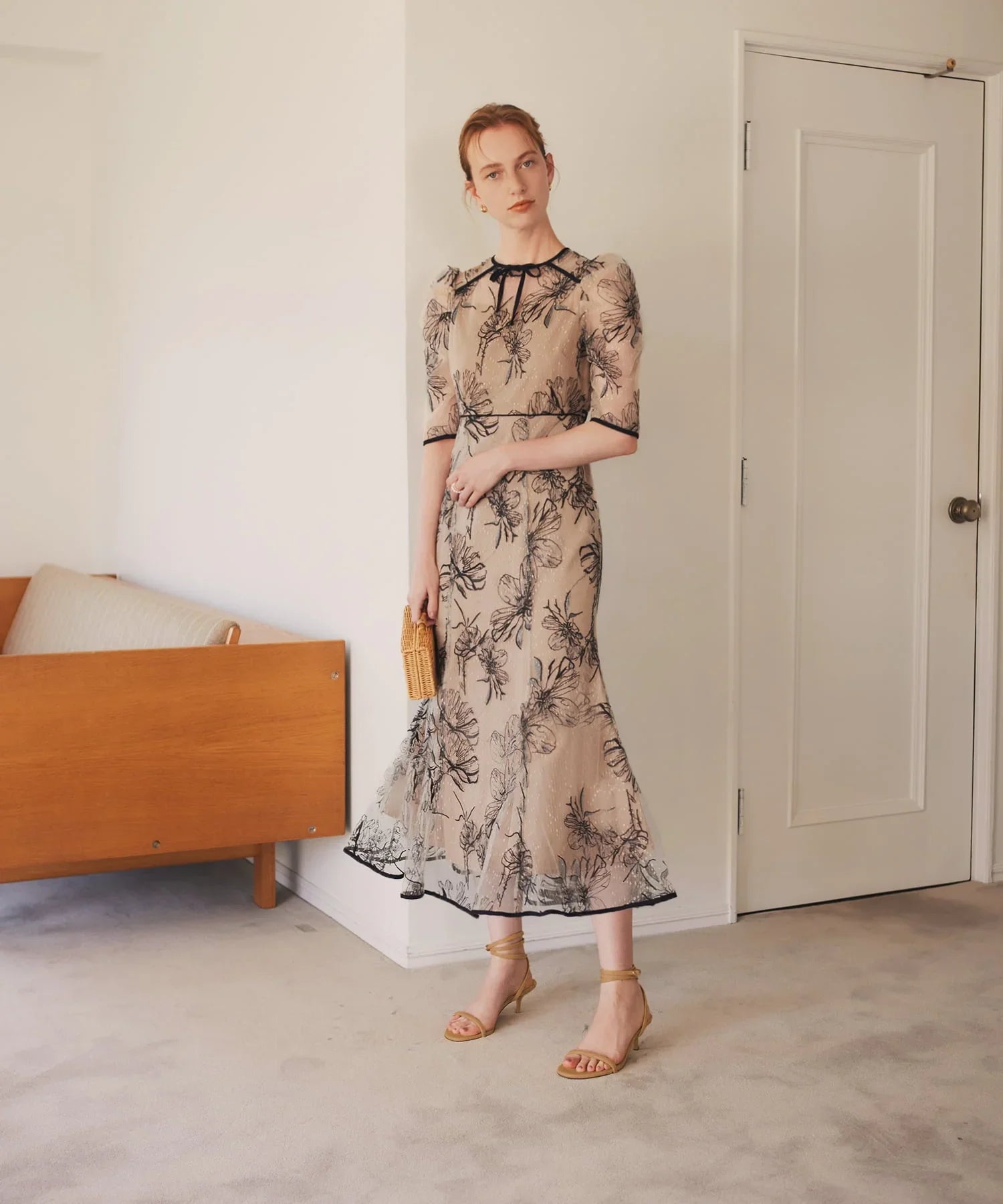 【當天出貨】碎花緞帶泡泡袖魚尾裙