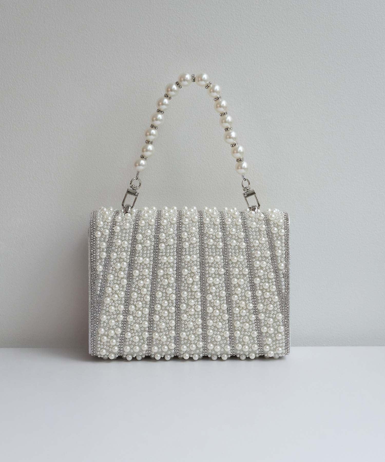 【予約販売】3WAYオールパールビジュー ストライプデザインバッグ