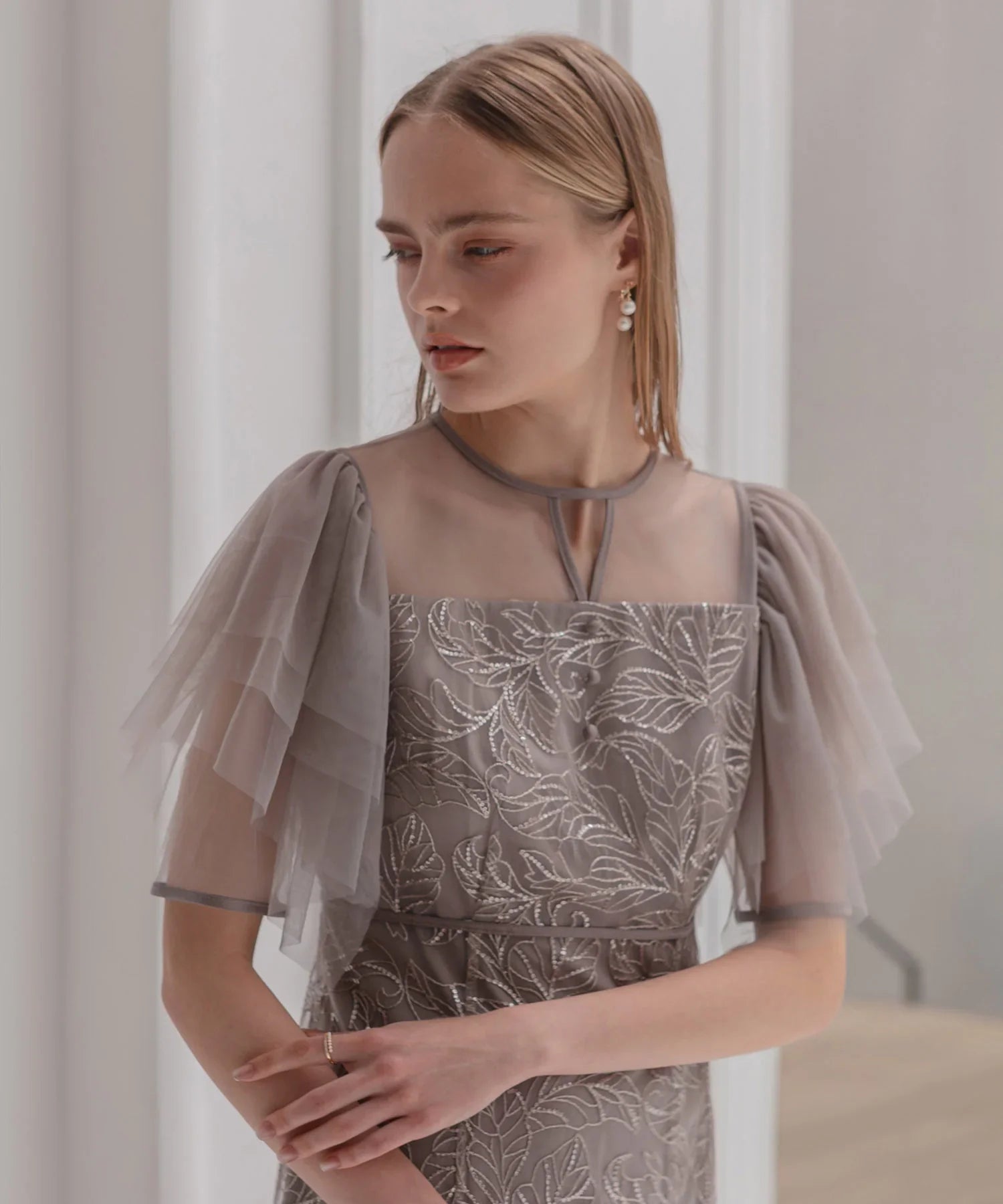 【当日発送】チュールスリーブボタニカルマーメイドワンピースドレス