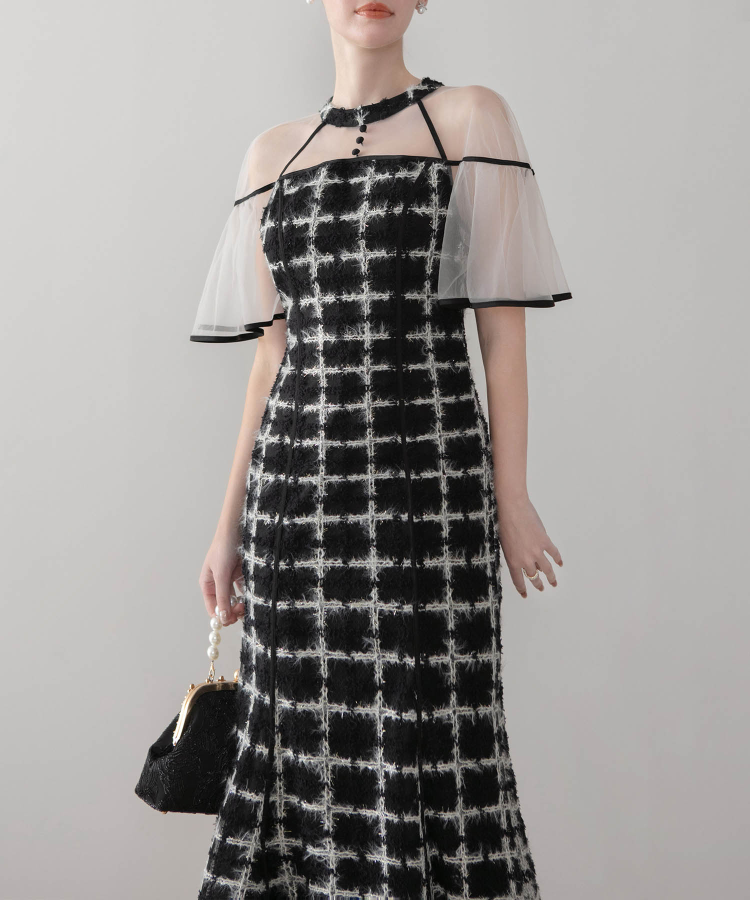 【当日発送】ラメシャギーツイードチェックフリルマーメイドワンピースドレス