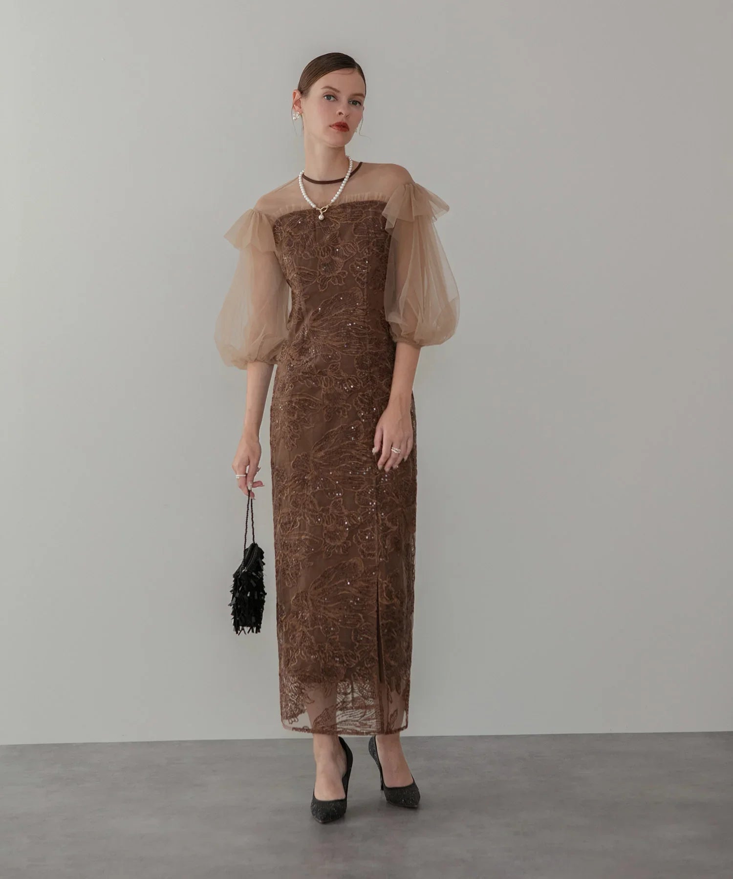 【一部当日発送】フラワースパンコールシアーフリルスリーブIラインワンピースドレス