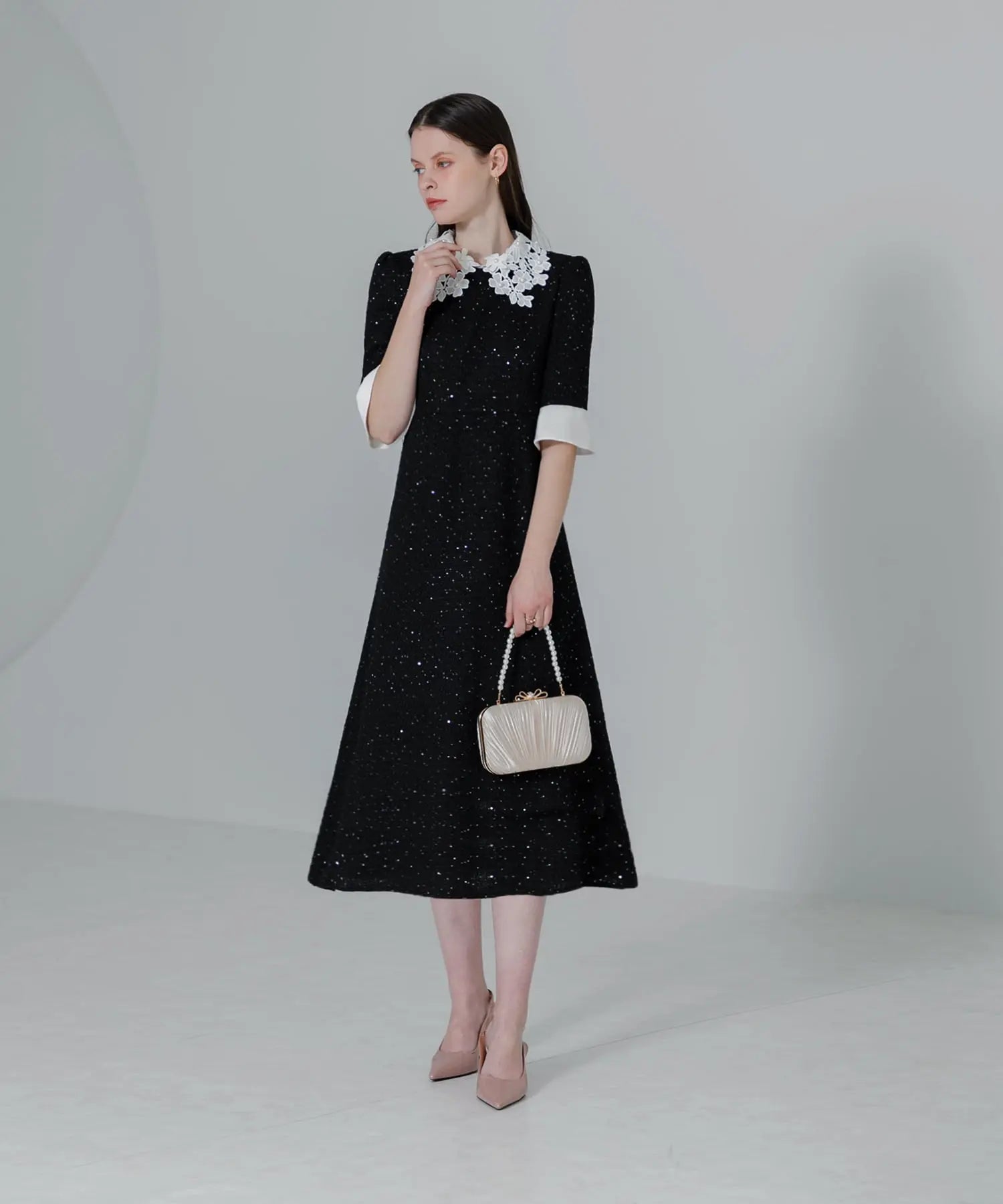 【当日発送】花柄レースカラースパンコールAラインワンピースドレス