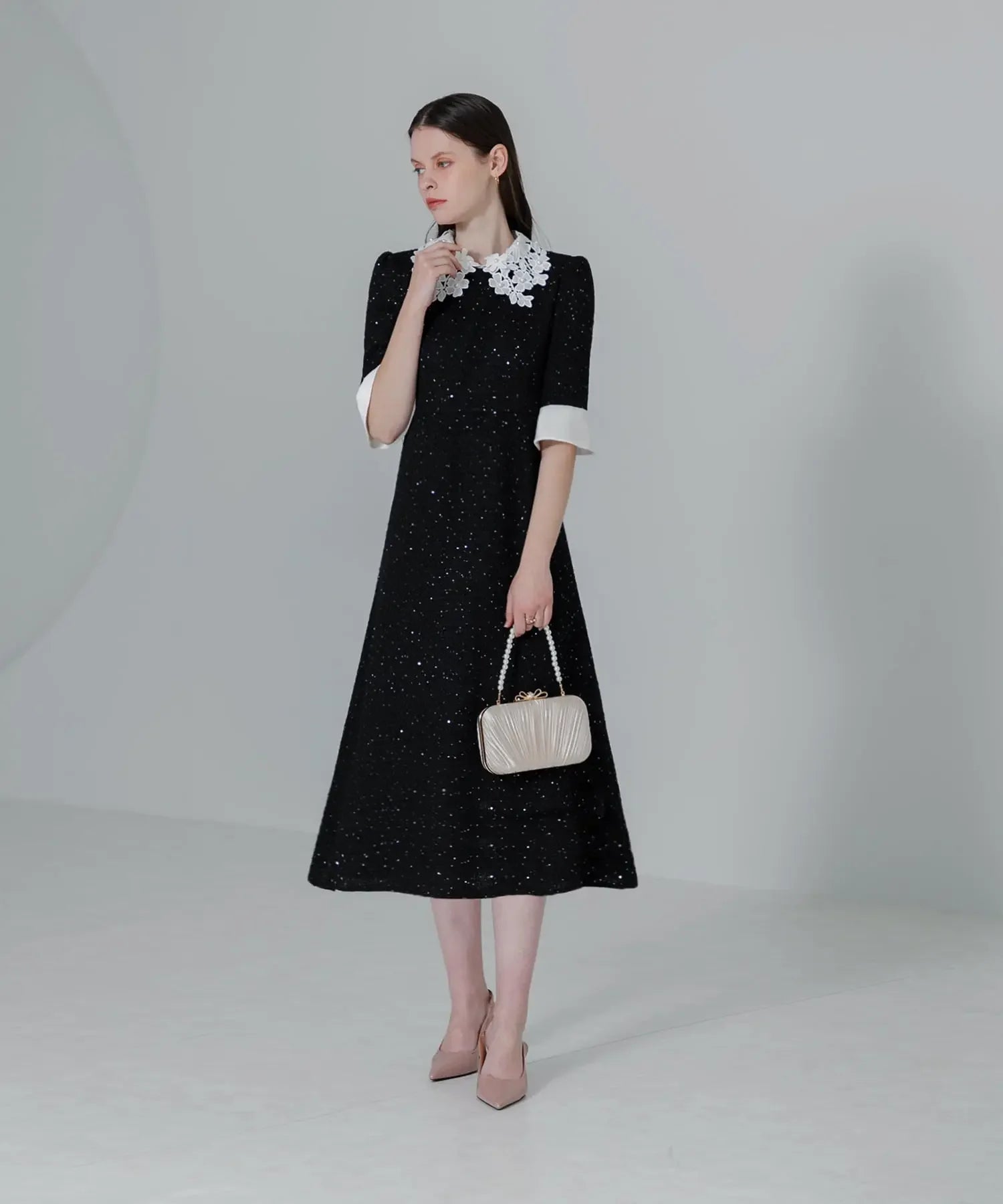 【當天出貨】碎花蕾絲彩色亮片A字洋裝