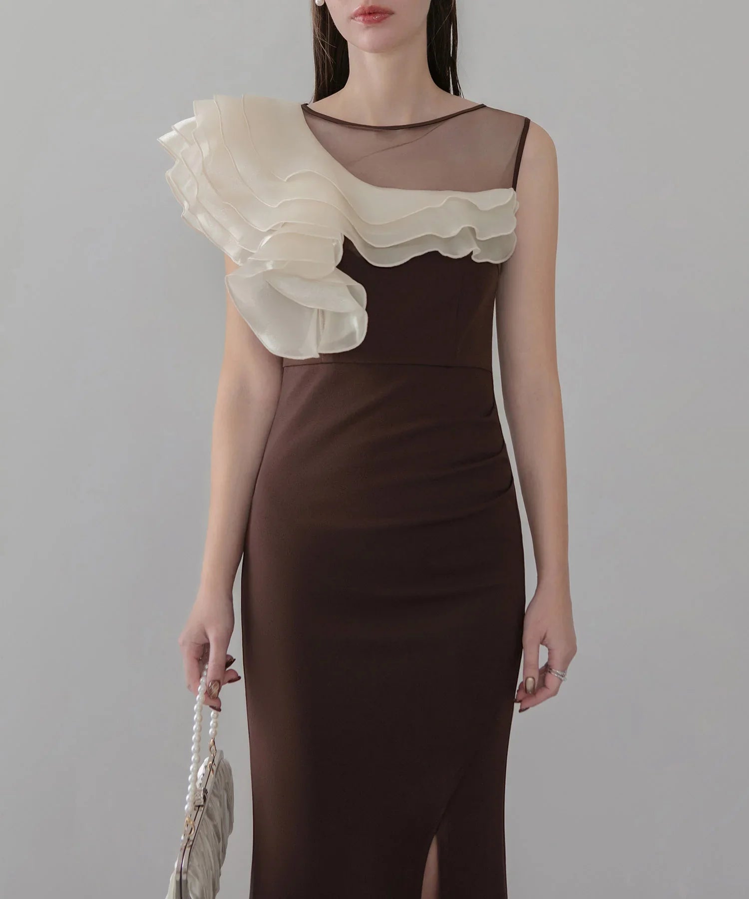 【当日発送】アシンメトリーフリルスリットマーメイドドレス