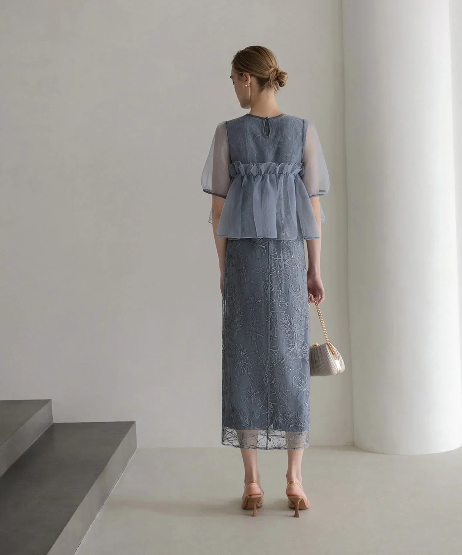 【当日発送】ボリュームシアーフリルジャガードIラインワンピースドレス