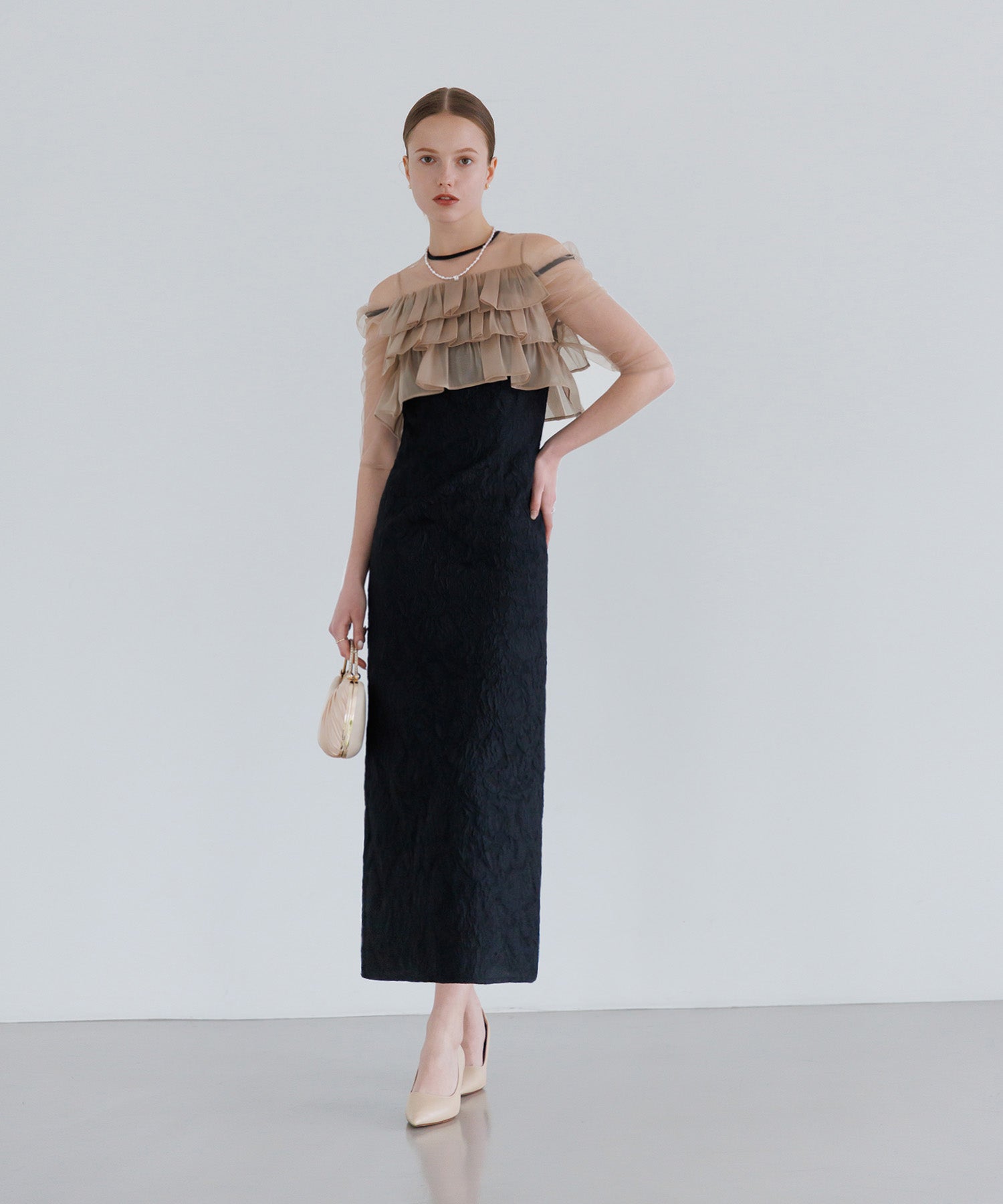 【当日発送】3WAYティアードフリルジャガードIラインワンピースドレス